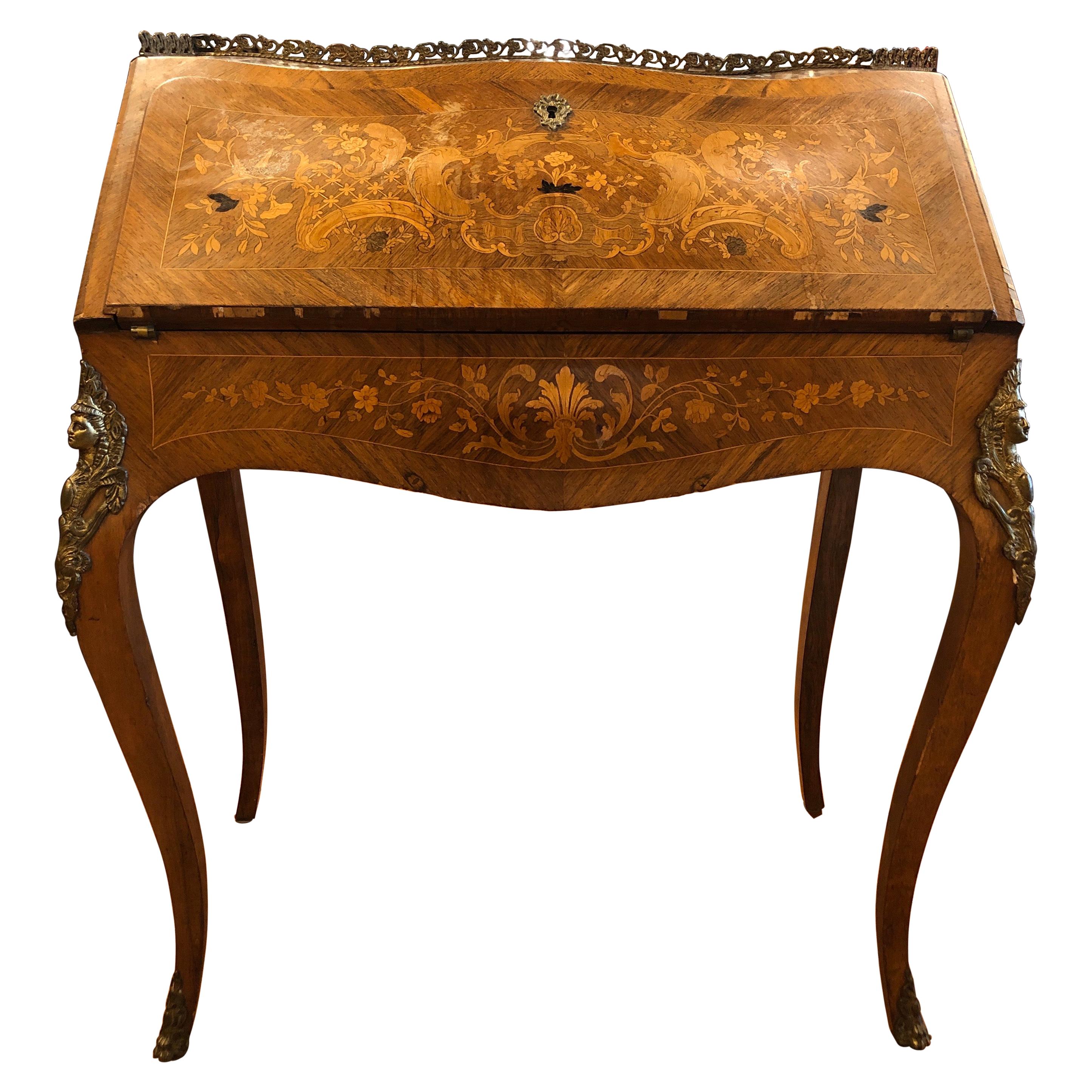 19th Century Louis XV Rosewood Bureau de Dame Desk Wood Inlay, 1890