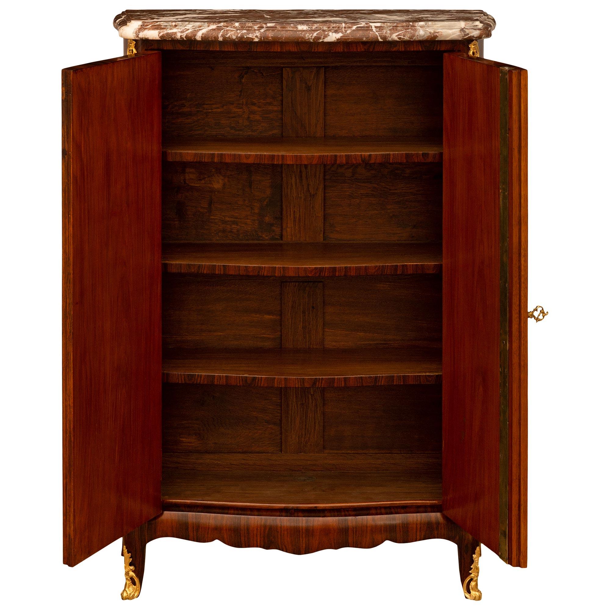 French 19th century Louis XV st. Kingwood and Rouge Royal marble cabinets For Sale