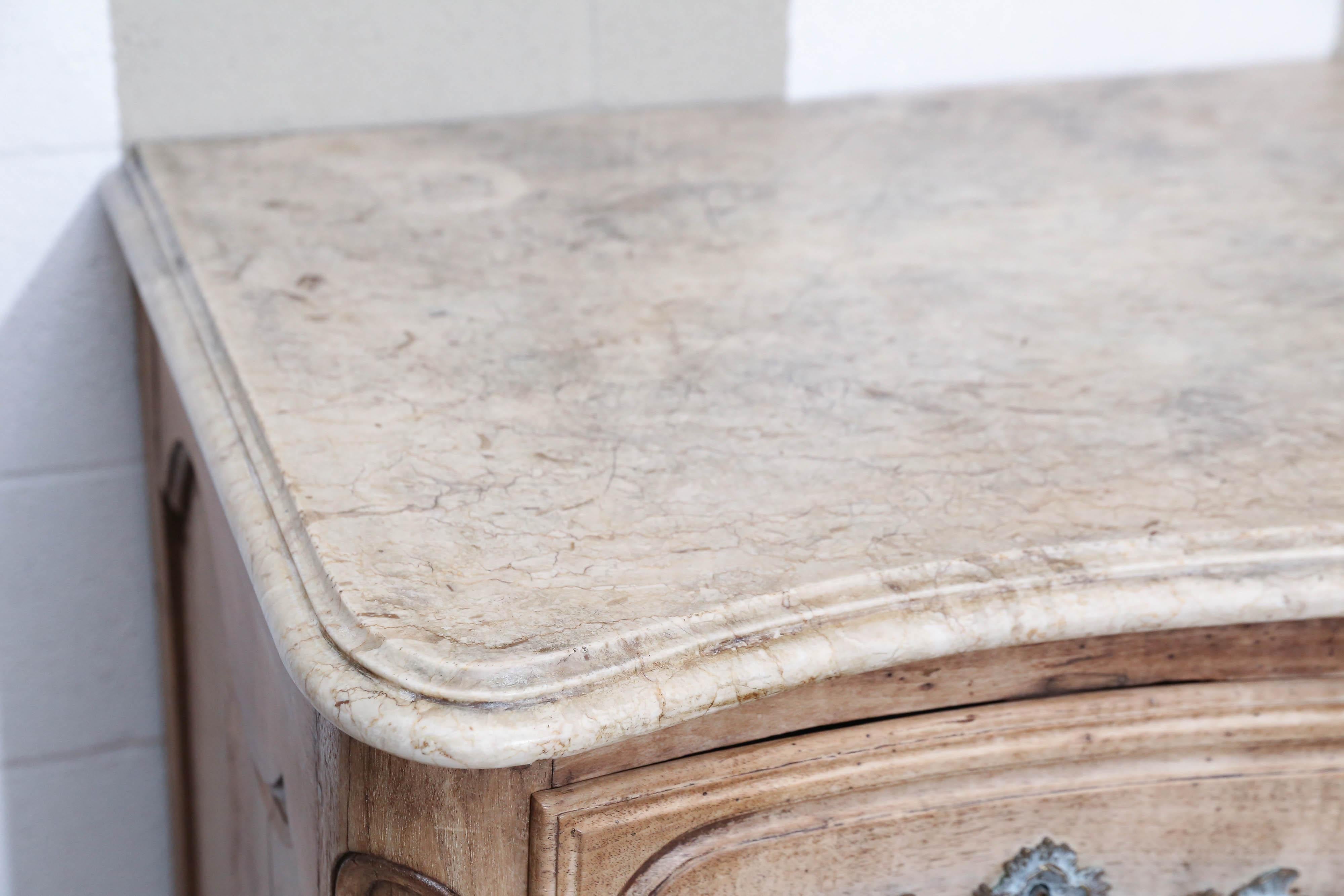 French 19th Century Louis XV Stripped Walnut Carved Chest with Marble Top For Sale