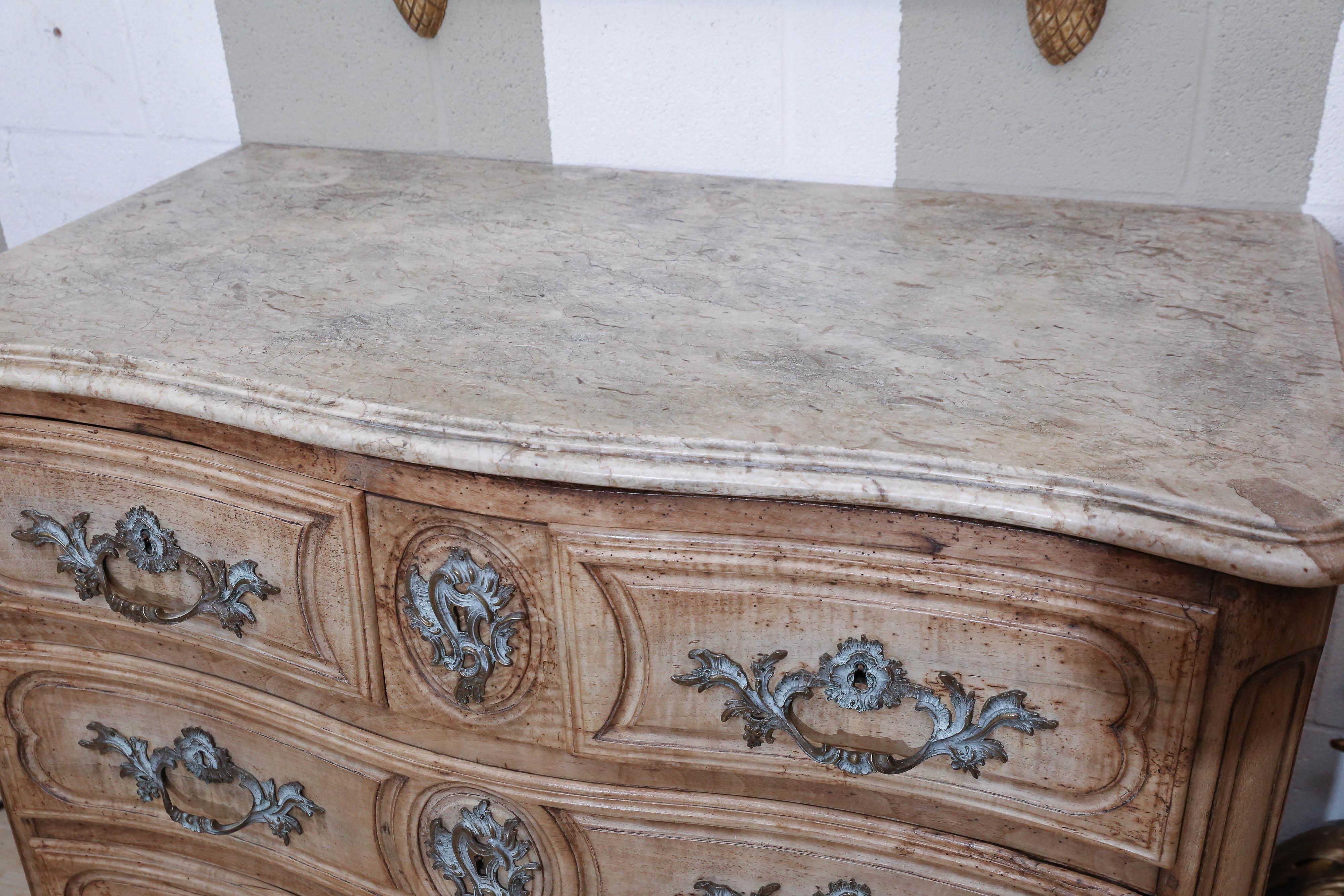 19th Century Louis XV Stripped Walnut Carved Chest with Marble Top In Fair Condition For Sale In Houston, TX