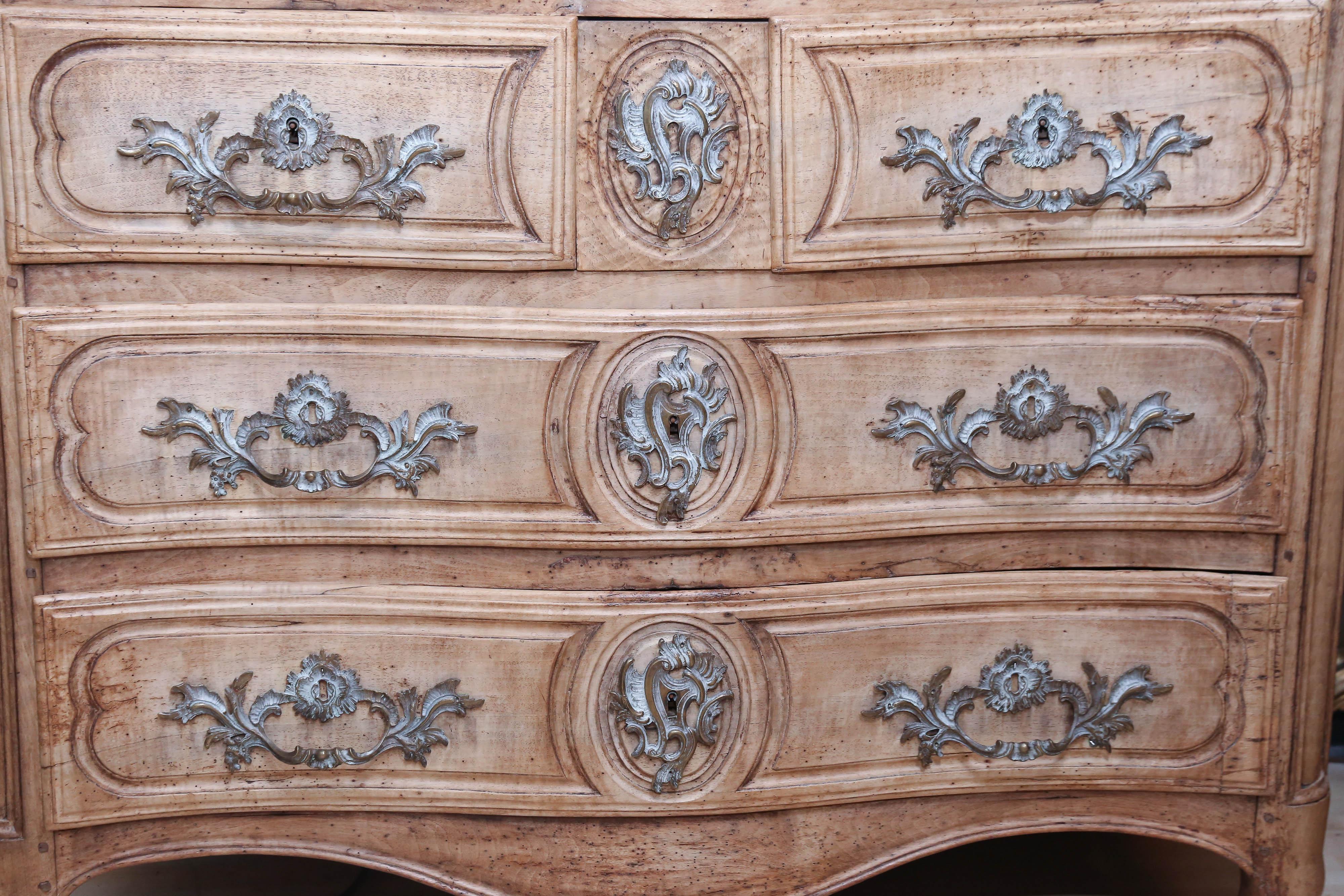 18th Century and Earlier 19th Century Louis XV Stripped Walnut Carved Chest with Marble Top For Sale