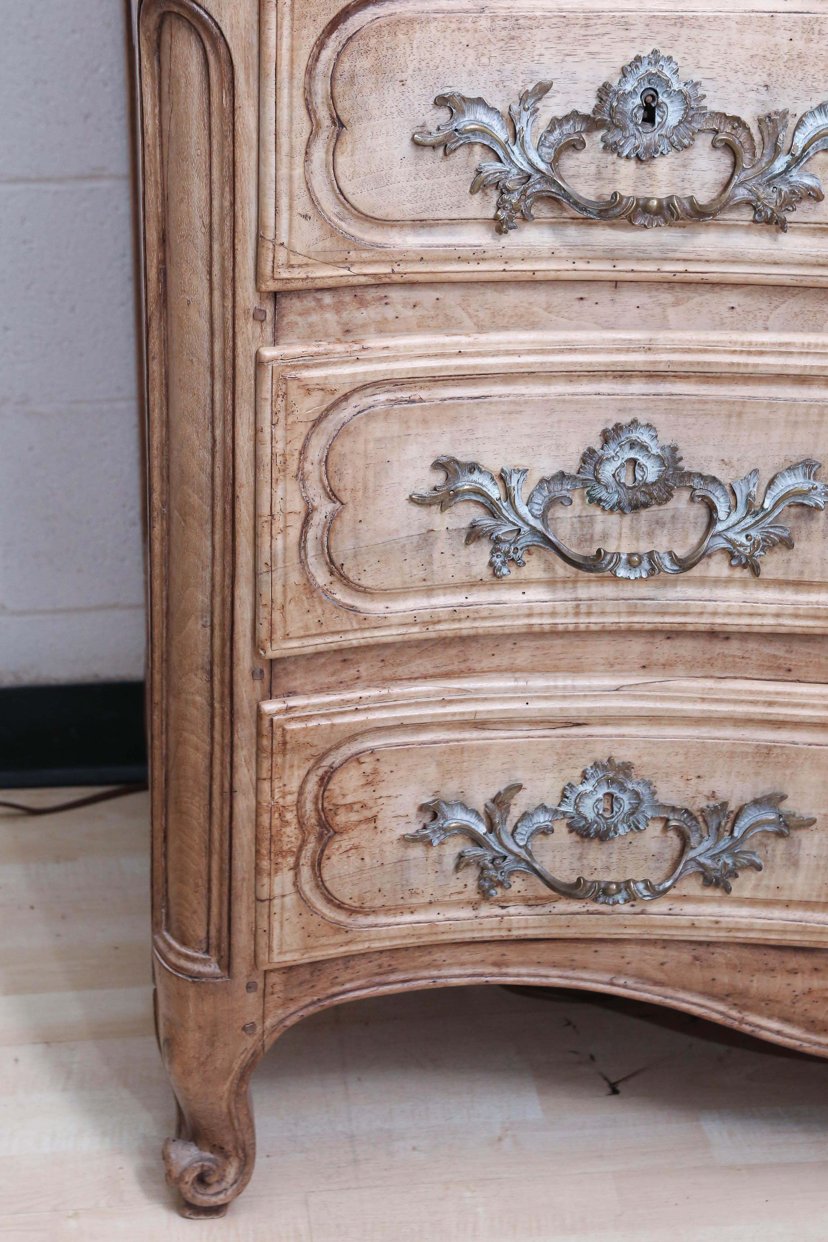 19th Century Louis XV Stripped Walnut Carved Chest with Marble Top For Sale 1