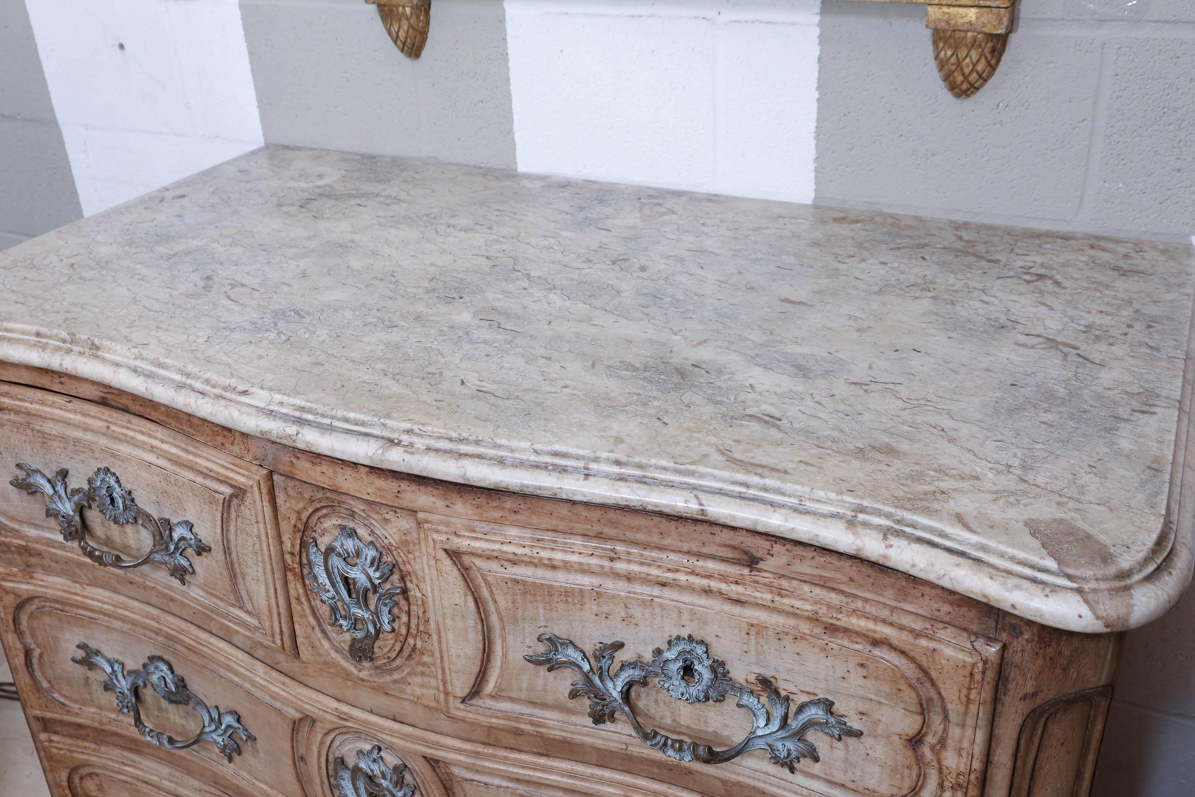 19th Century Louis XV Stripped Walnut Carved Chest with Marble Top For Sale 2