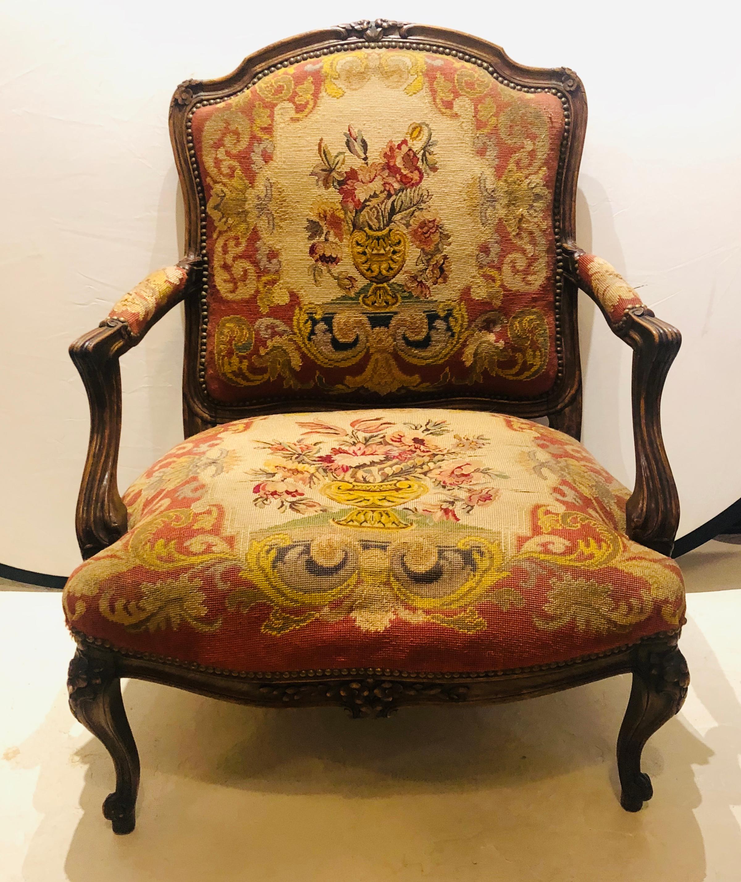 Carved 19th Century Louis XV Style Armchair Bergere Petite and Gros Point Upholstery