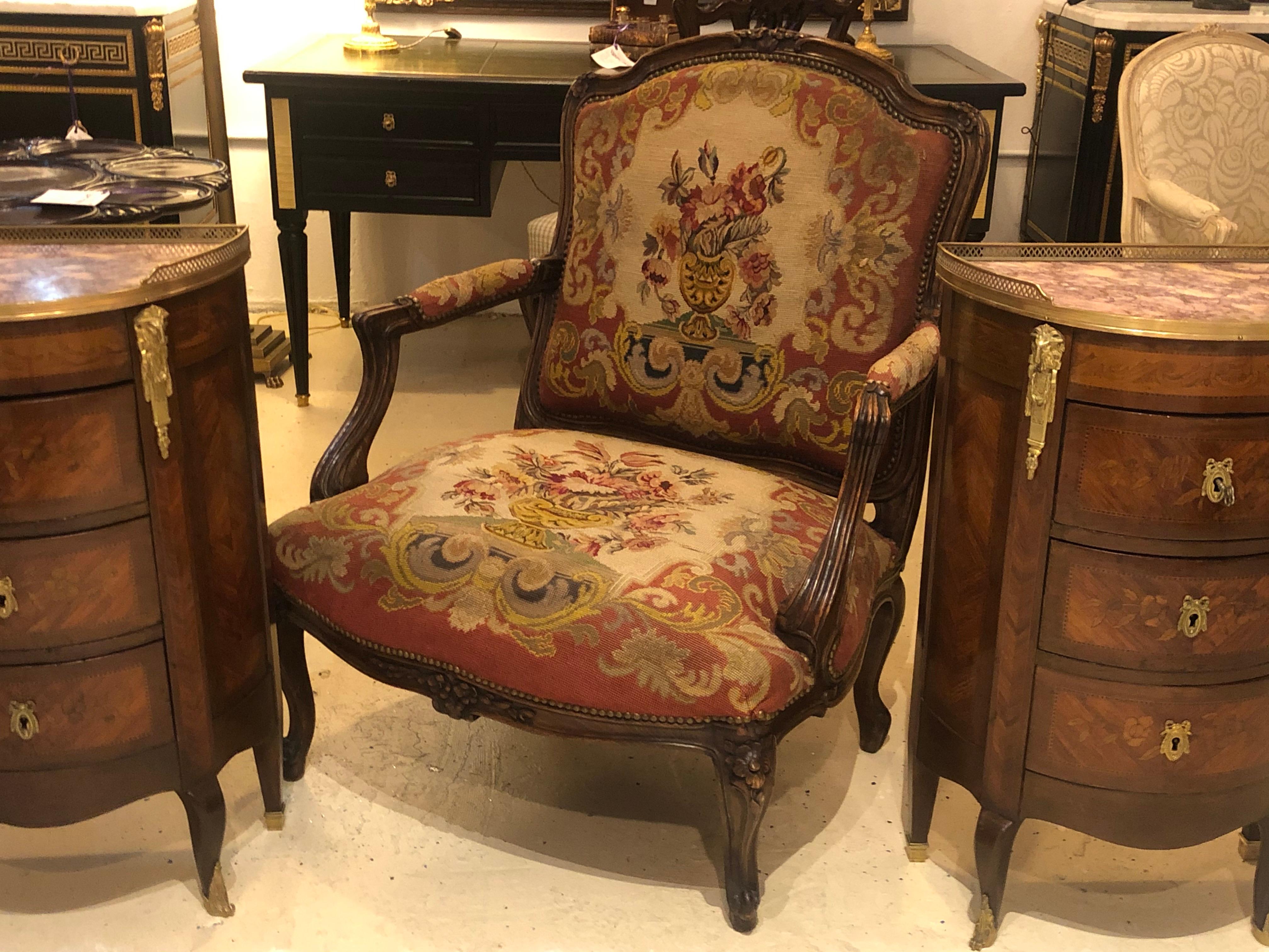 19th Century Louis XV Style Armchair Bergere Petite and Gros Point Upholstery 2