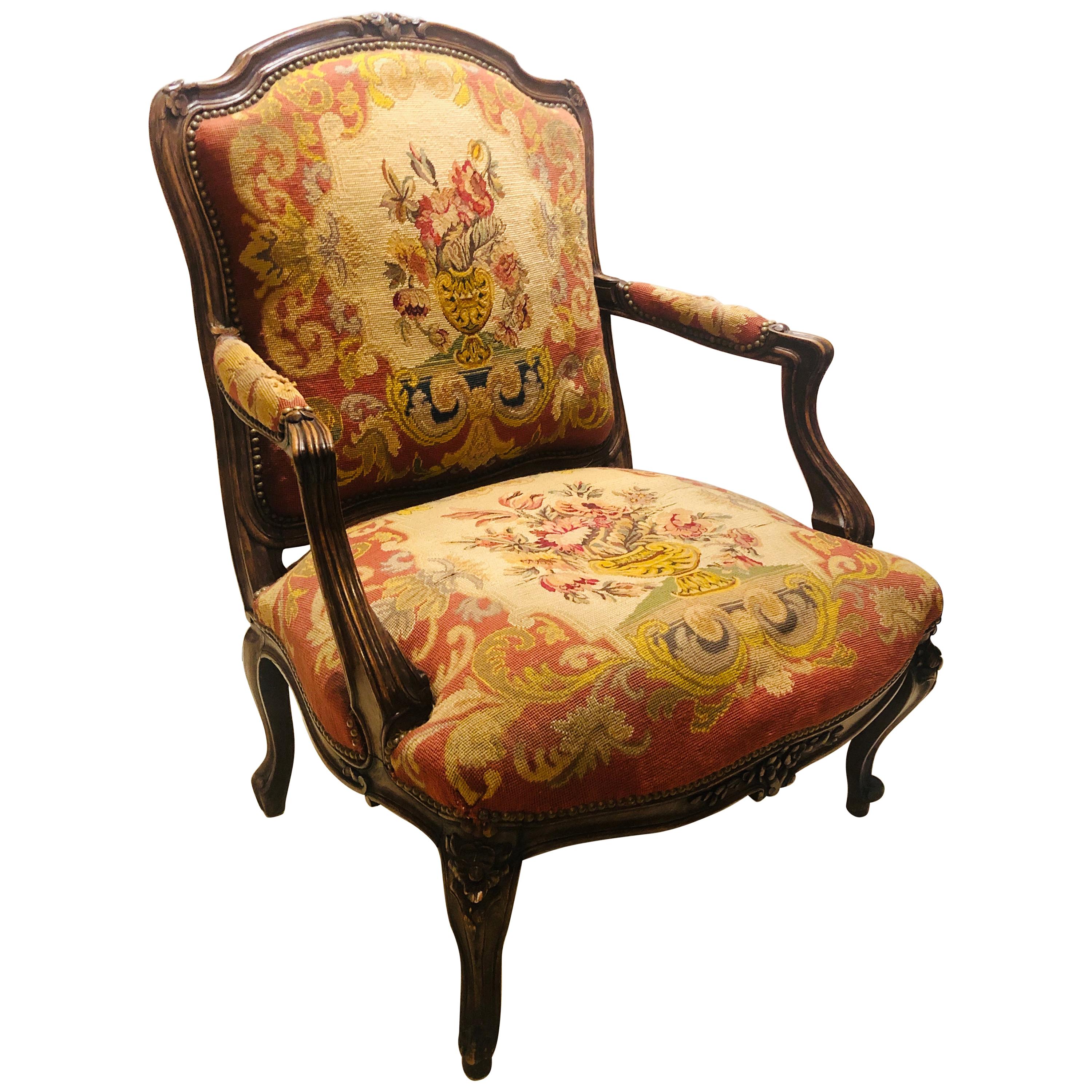 19th Century Louis XV Style Armchair Bergere Petite and Gros Point Upholstery