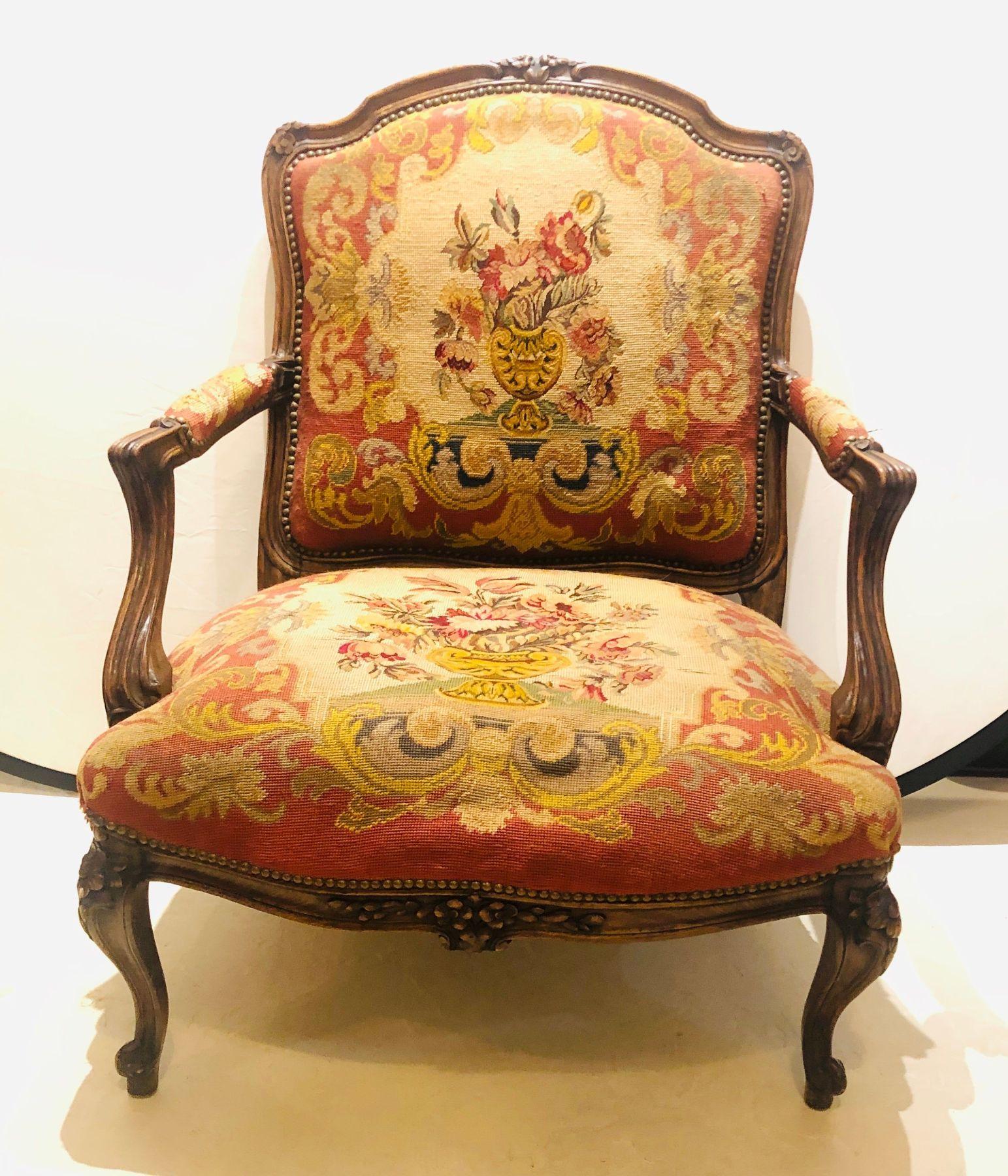 19th Century Louis XV Style Armchair Bergere Petite and Gros Point Upholstery In Fair Condition For Sale In Stamford, CT