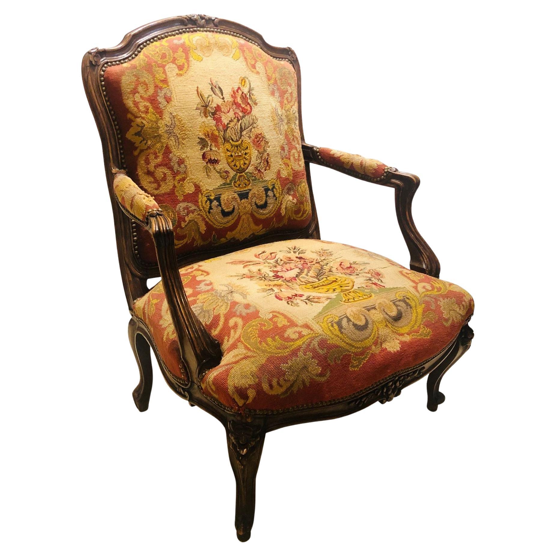 19th Century Louis XV Style Armchair Bergere Petite and Gros Point Upholstery