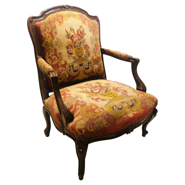 19th Century Louis XV Style Armchair Bergere Petite and Gros Point Upholstery For Sale