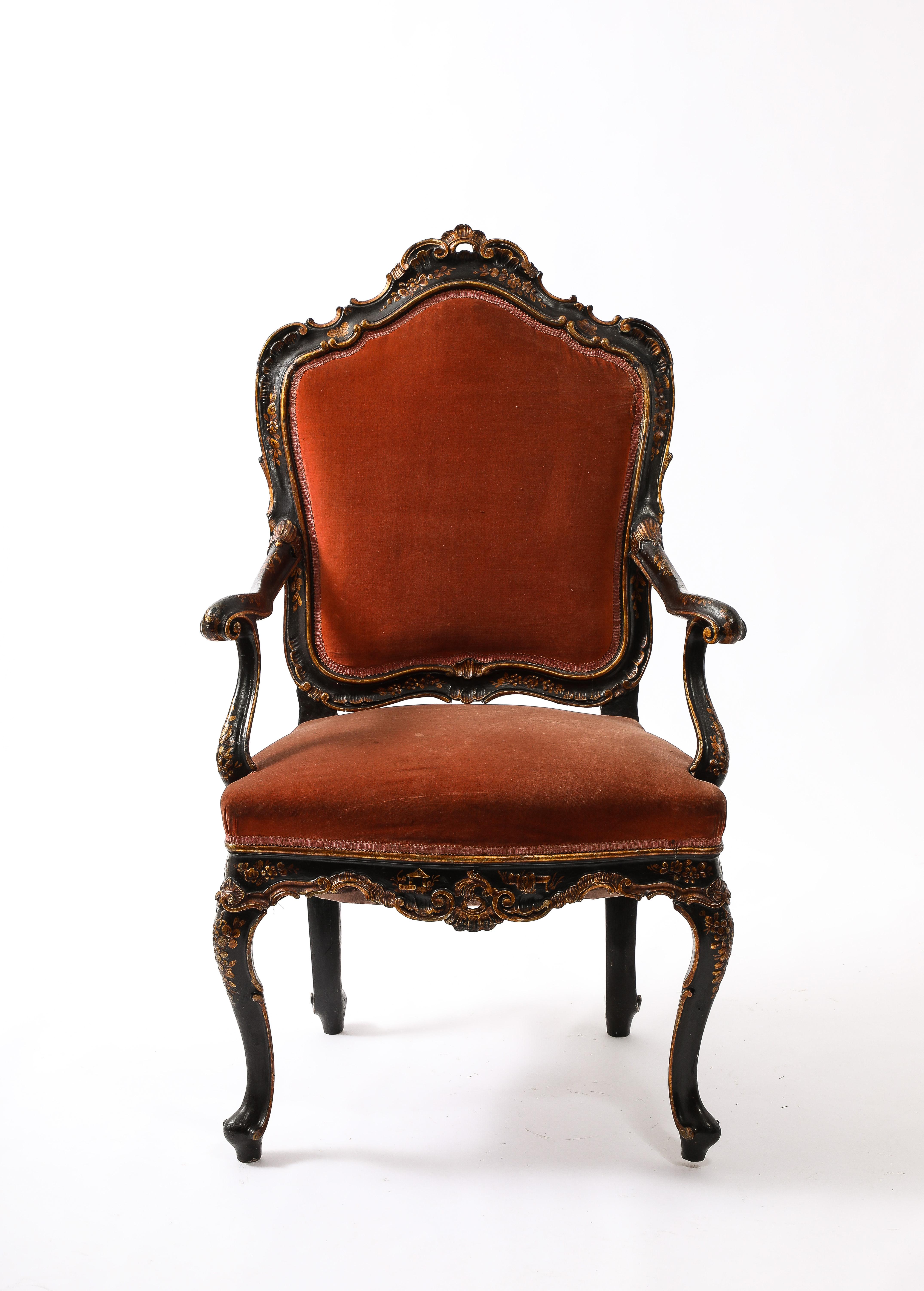 A pair of late 19th century Louis XV style French fauteuils, each with padded back surmounted by carved cresting rail out swept arms with velvet upholstery and gilt details. Pair available, priced individually. 