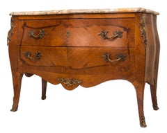 19th C. Louis XV Style Bombe Commode / Dresser, Marble Top, Marquetry Detailing