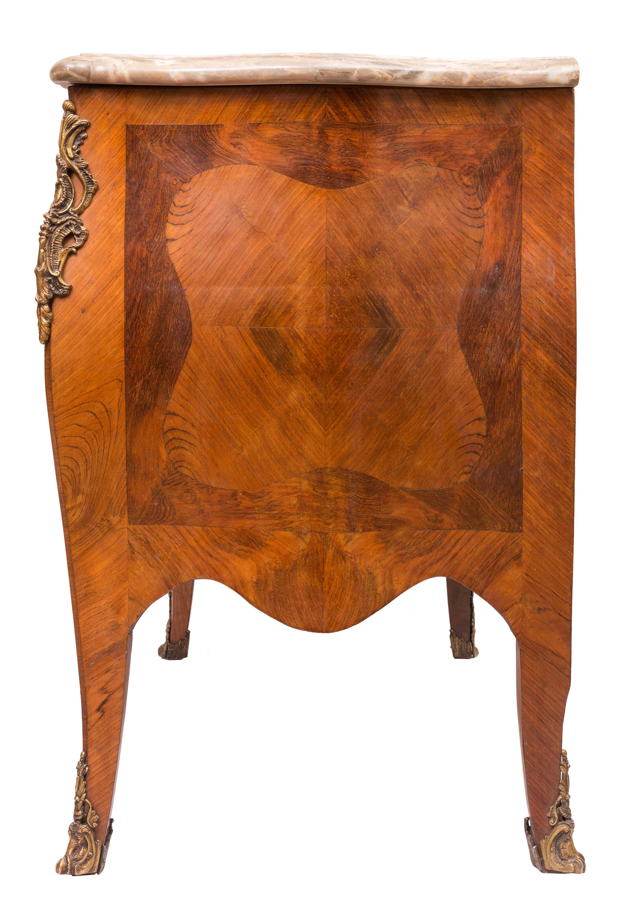 French 19th Century Louis XV Style Bombe Commode with Marble Top, Marquetry Detailing For Sale
