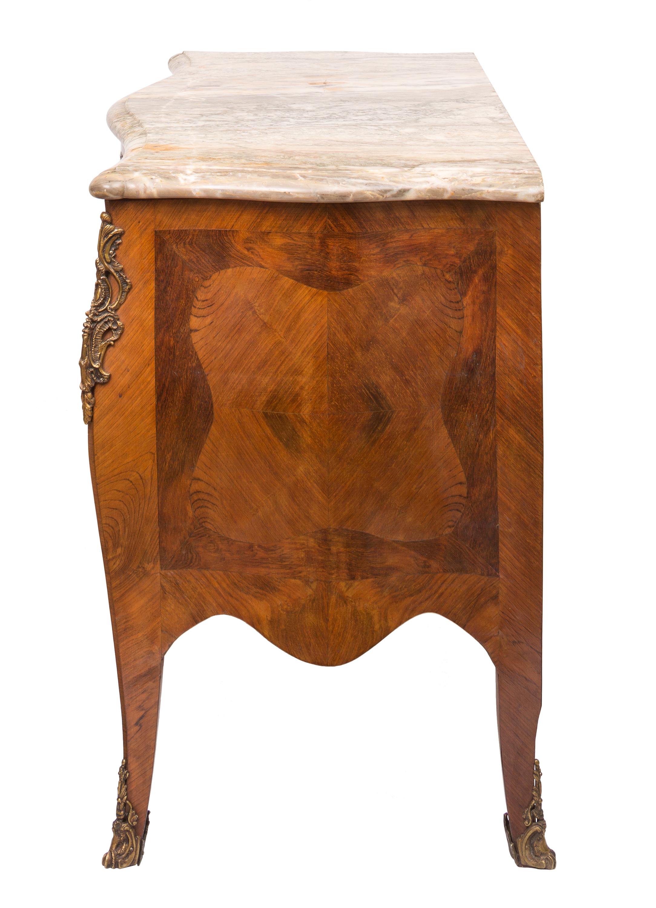 Inlay 19th Century Louis XV Style Bombe Commode with Marble Top, Marquetry Detailing For Sale