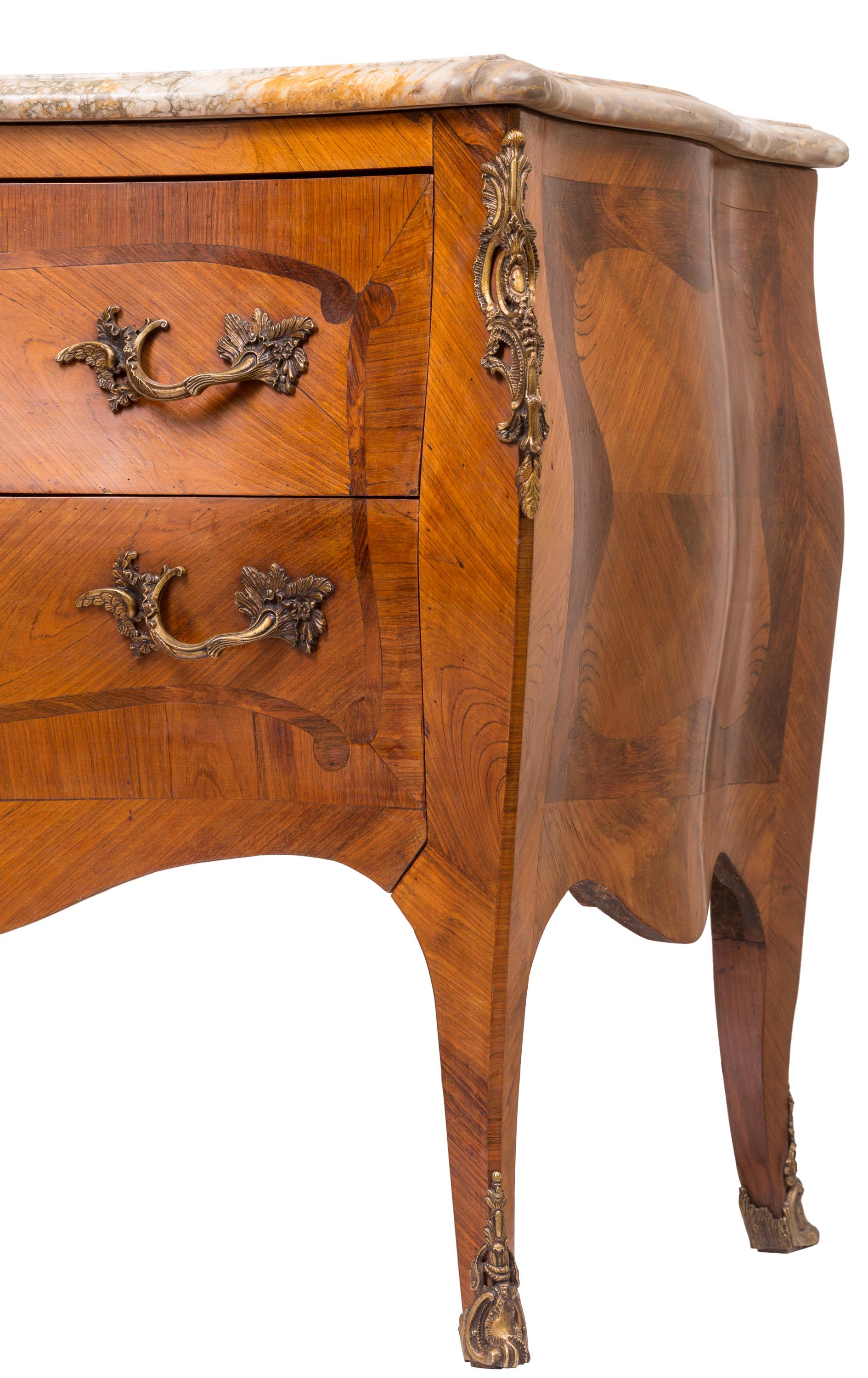 Ormolu 19th Century Louis XV Style Bombe Commode with Marble Top, Marquetry Detailing For Sale