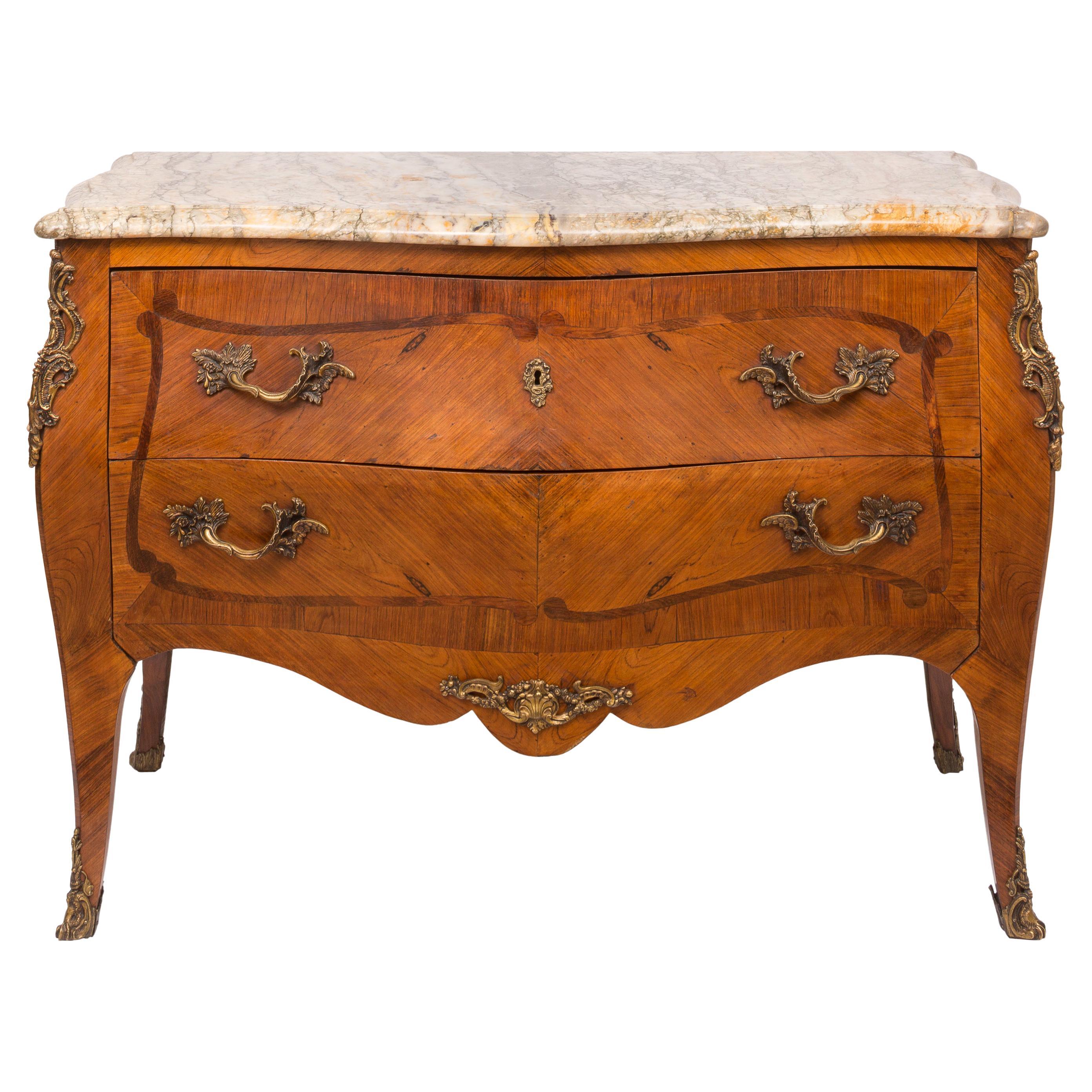 19th Century Louis XV Style Bombe Commode with Marble Top, Marquetry Detailing