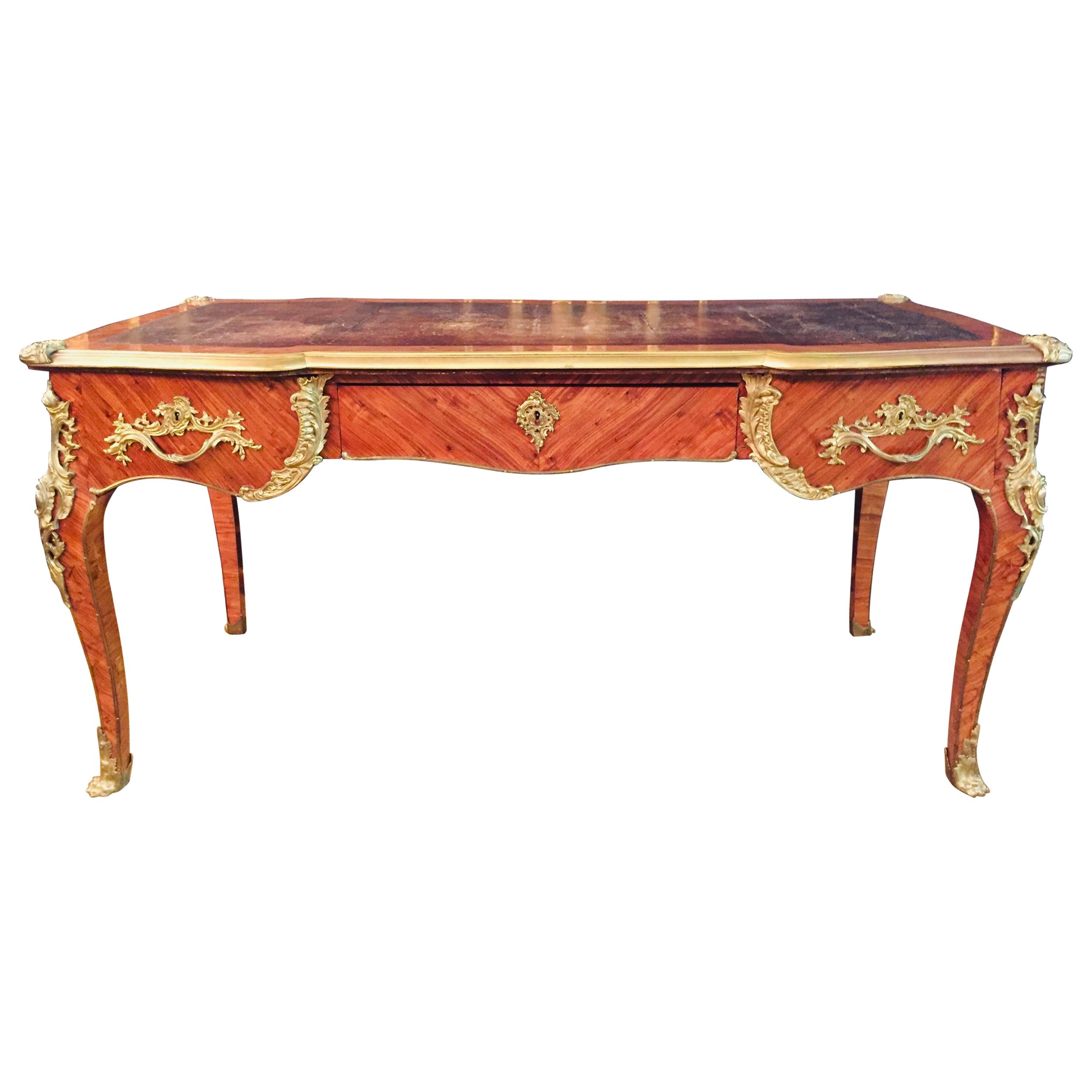 Antique 19th Century Louis XV Style Bureau Plat Writing Table Mahogany veneer