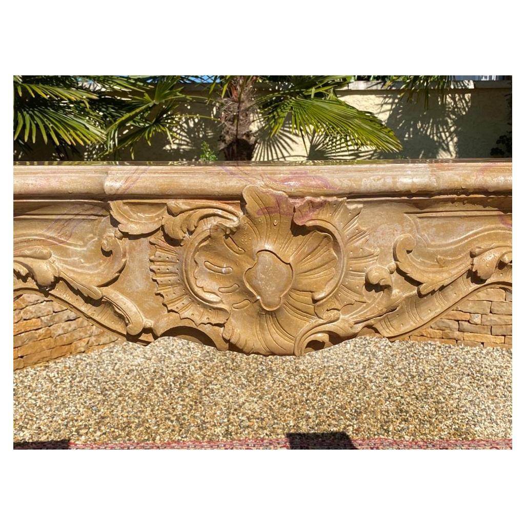 Hand-Carved 19th Century, Louis XV Style Burgundy Stone Fireplace