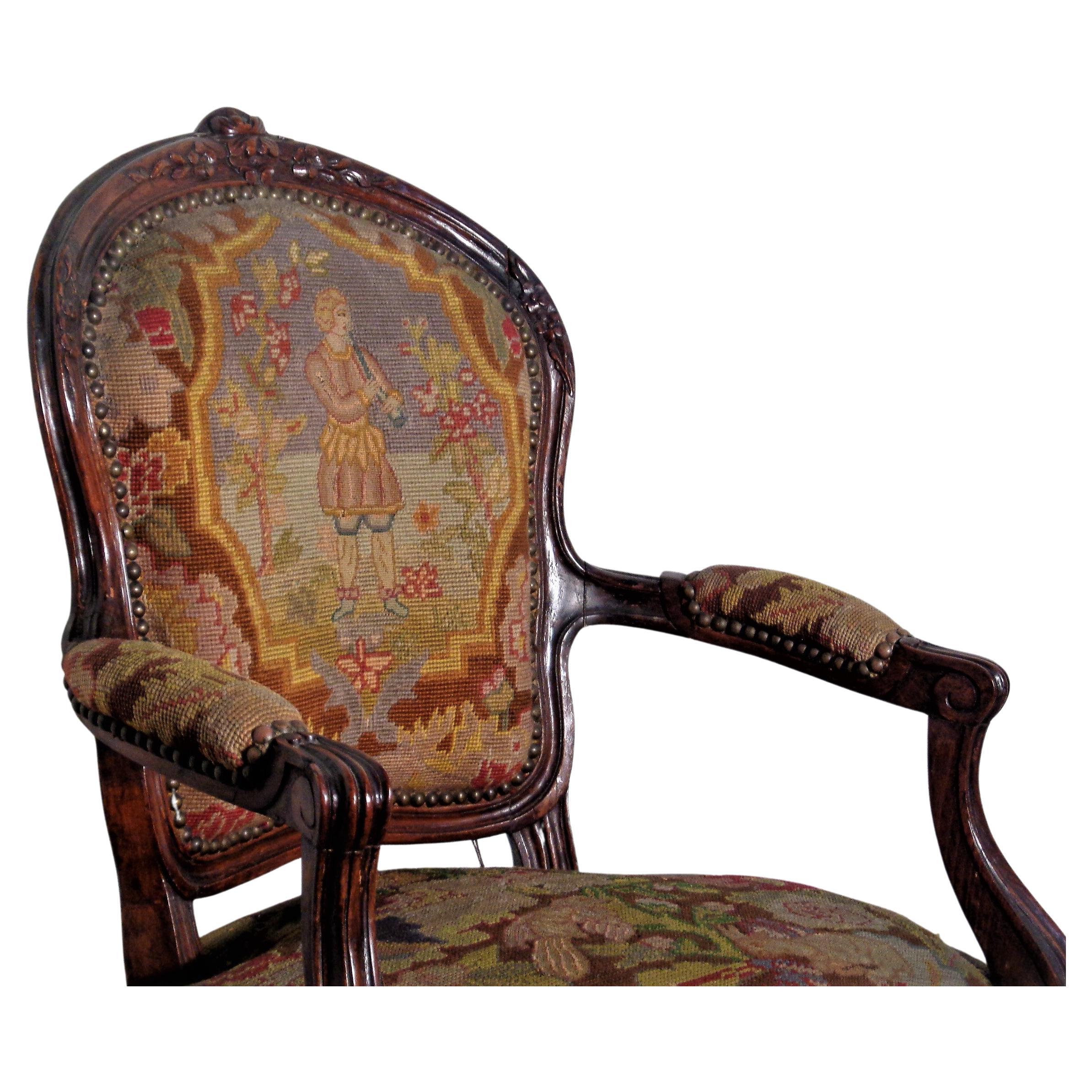 19th Century Louis XV Style Carved Beech Wood Fauteuil Grospoint Tapestry For Sale 7