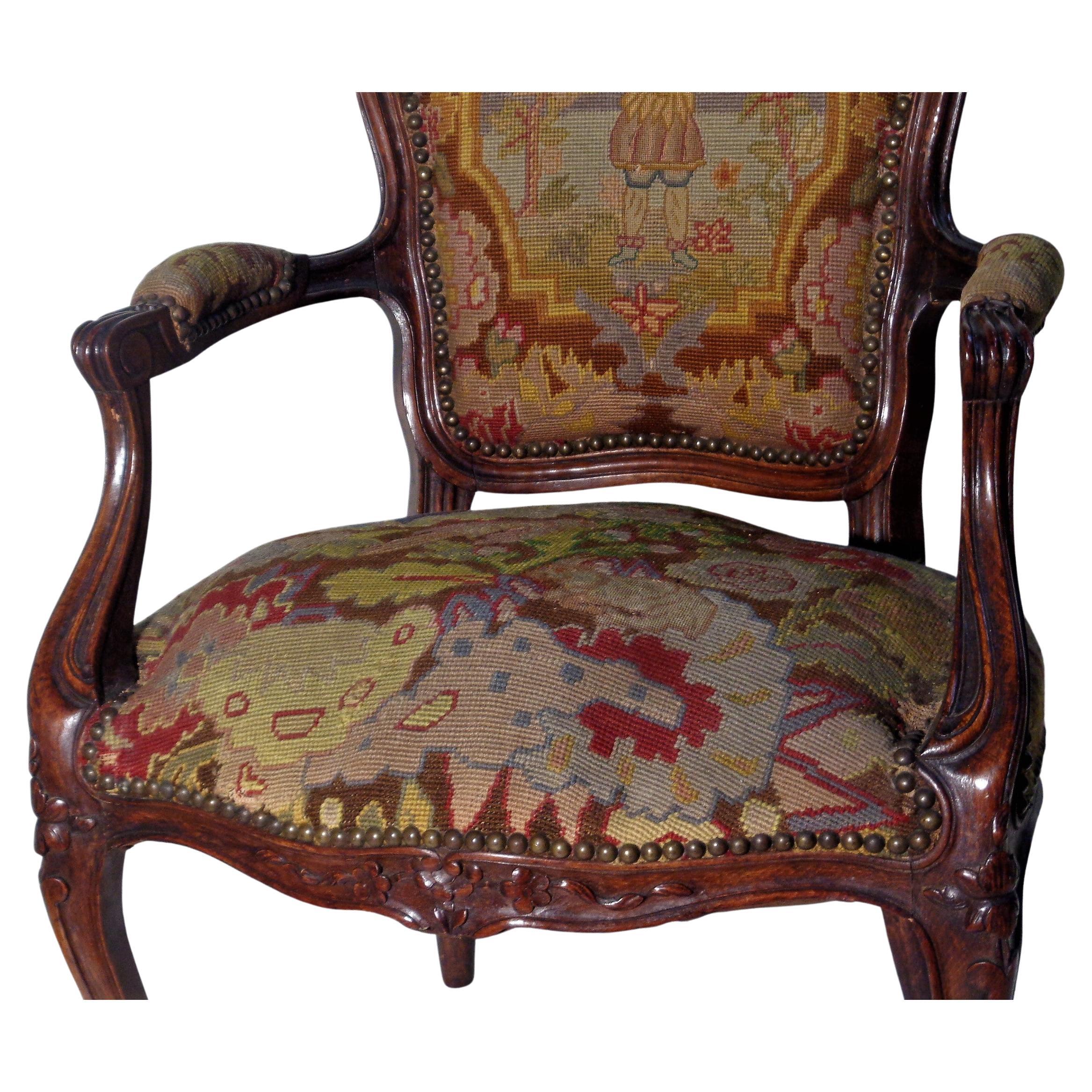 19th Century Louis XV Style Carved Beech Wood Fauteuil Grospoint Tapestry For Sale 8