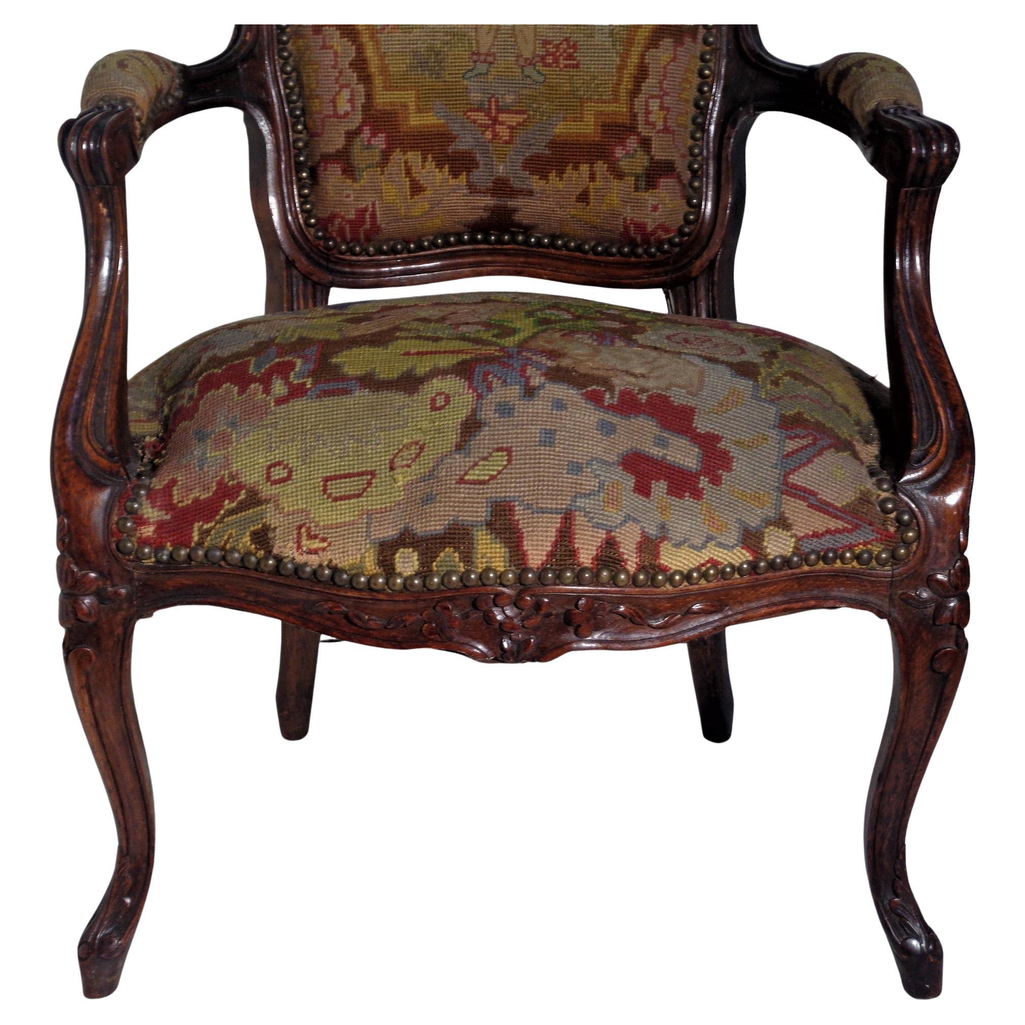Hand-Carved 19th Century Louis XV Style Carved Beech Wood Fauteuil Grospoint Tapestry For Sale