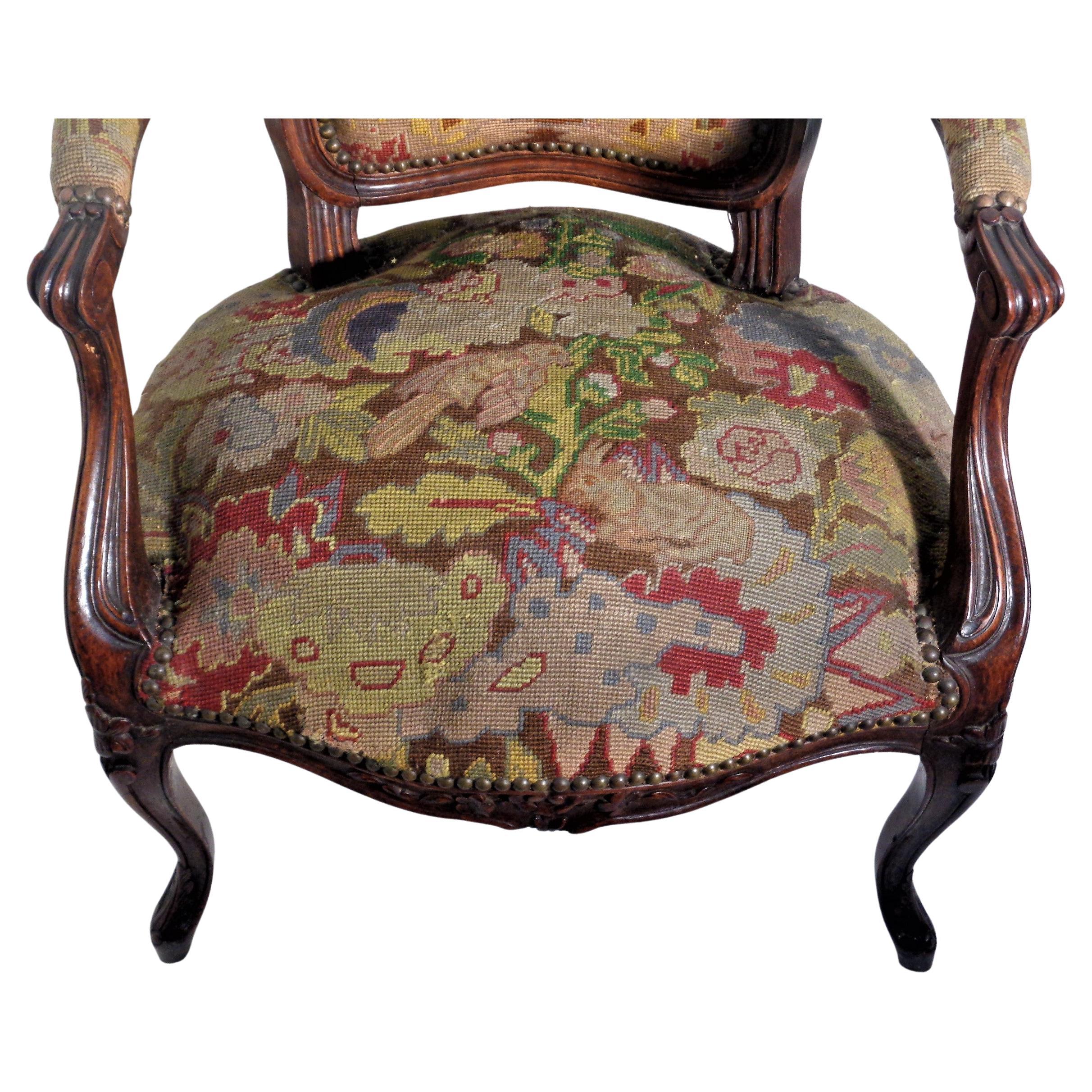 19th Century Louis XV Style Carved Beech Wood Fauteuil Grospoint Tapestry In Good Condition For Sale In Rochester, NY