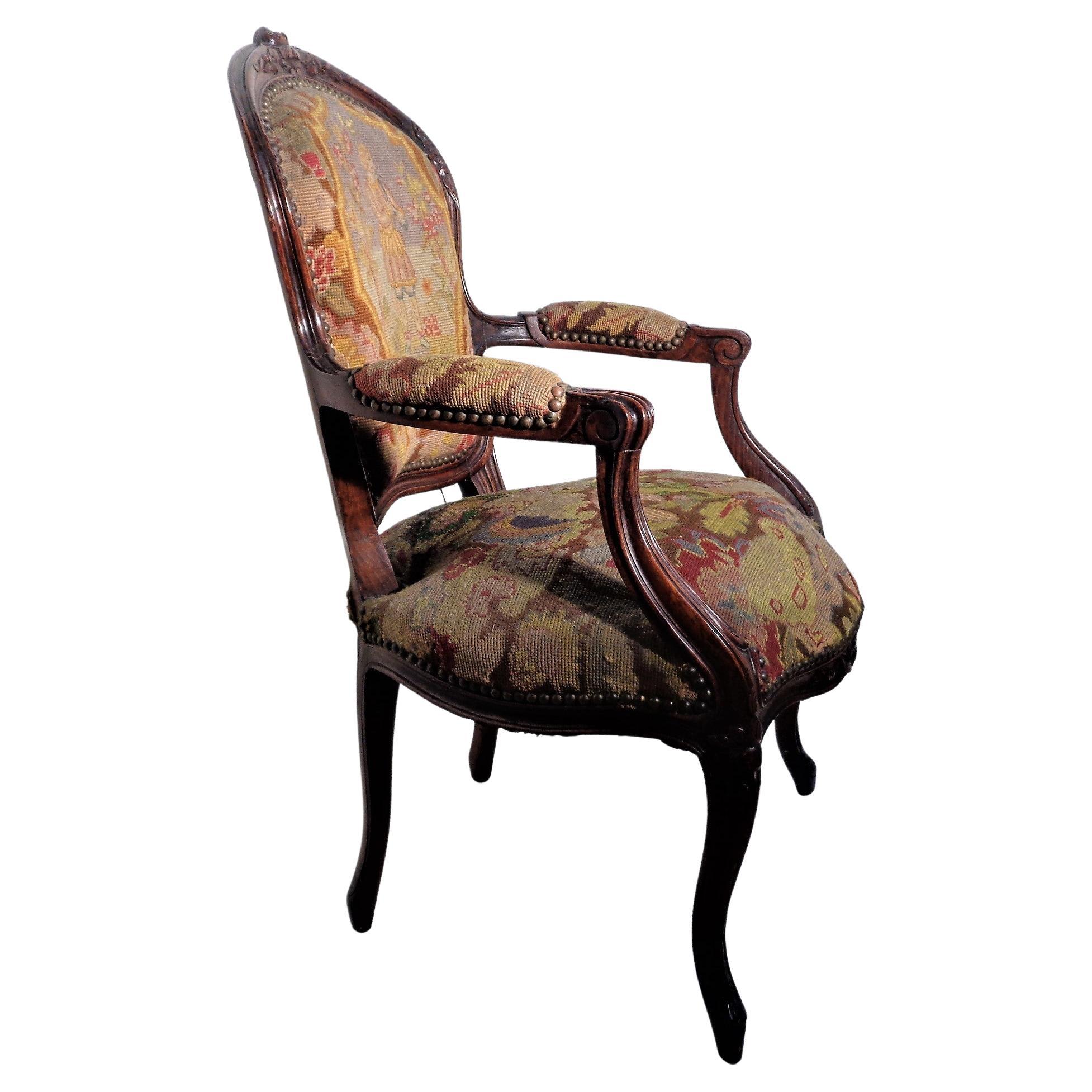 19th Century Louis XV Style Carved Beech Wood Fauteuil Grospoint Tapestry For Sale 2