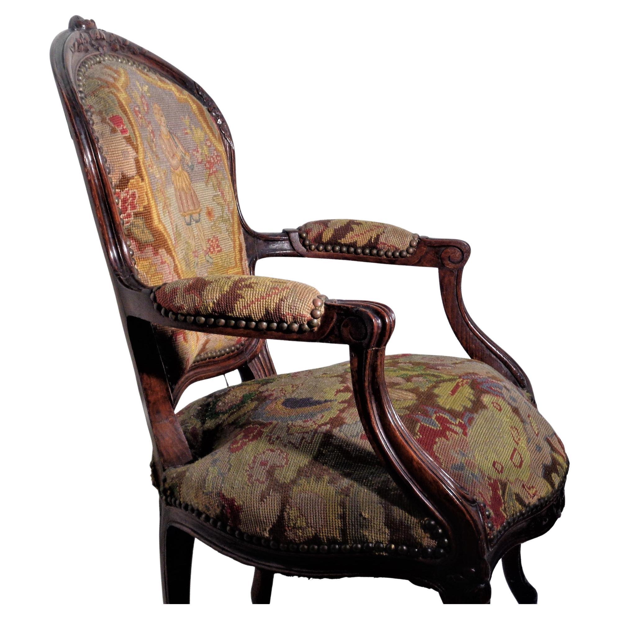 19th Century Louis XV Style Carved Beech Wood Fauteuil Grospoint Tapestry For Sale 3