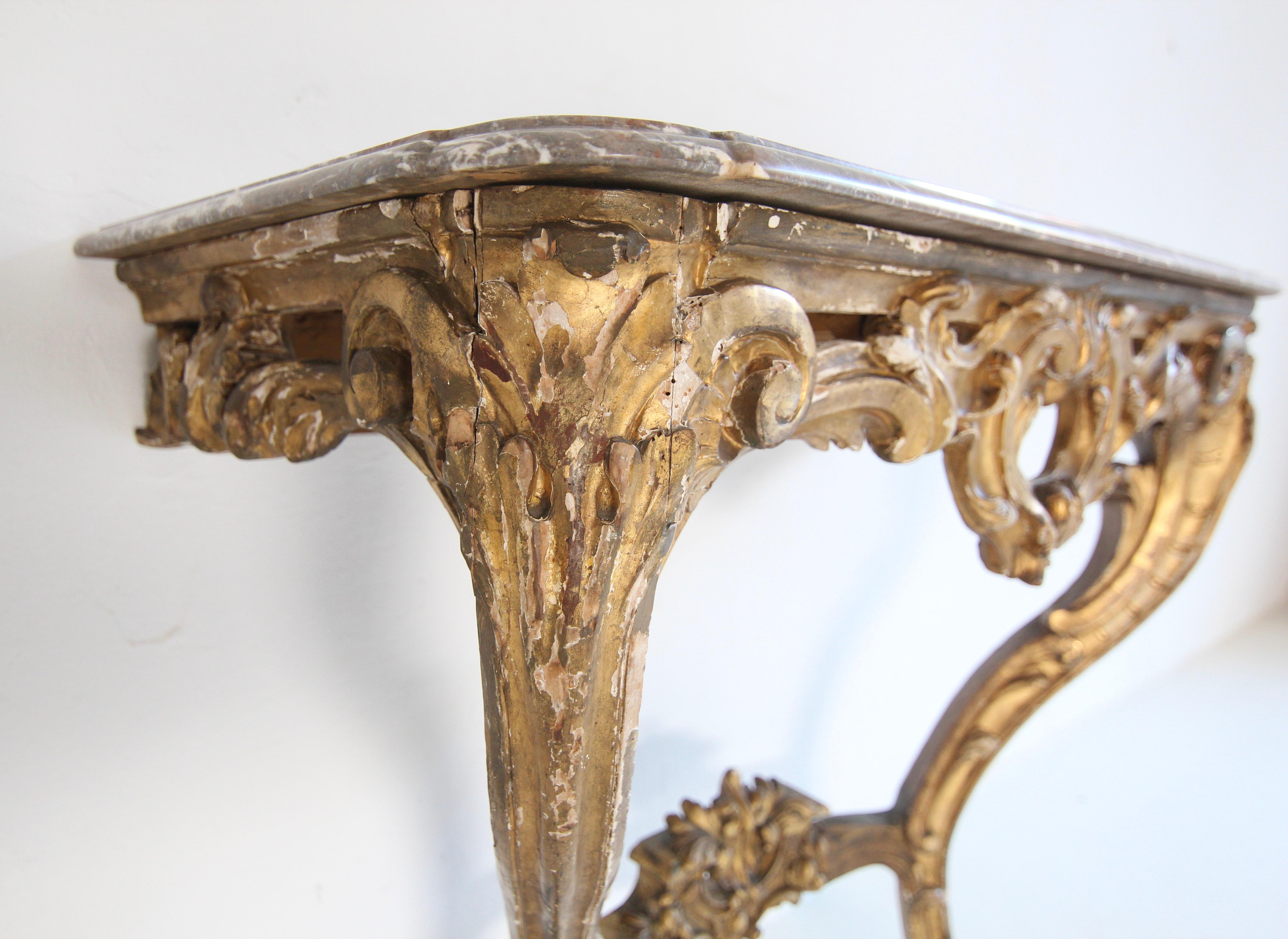 19th Century Louis XV Style Carved Giltwood Console Table with Marble Top For Sale 5