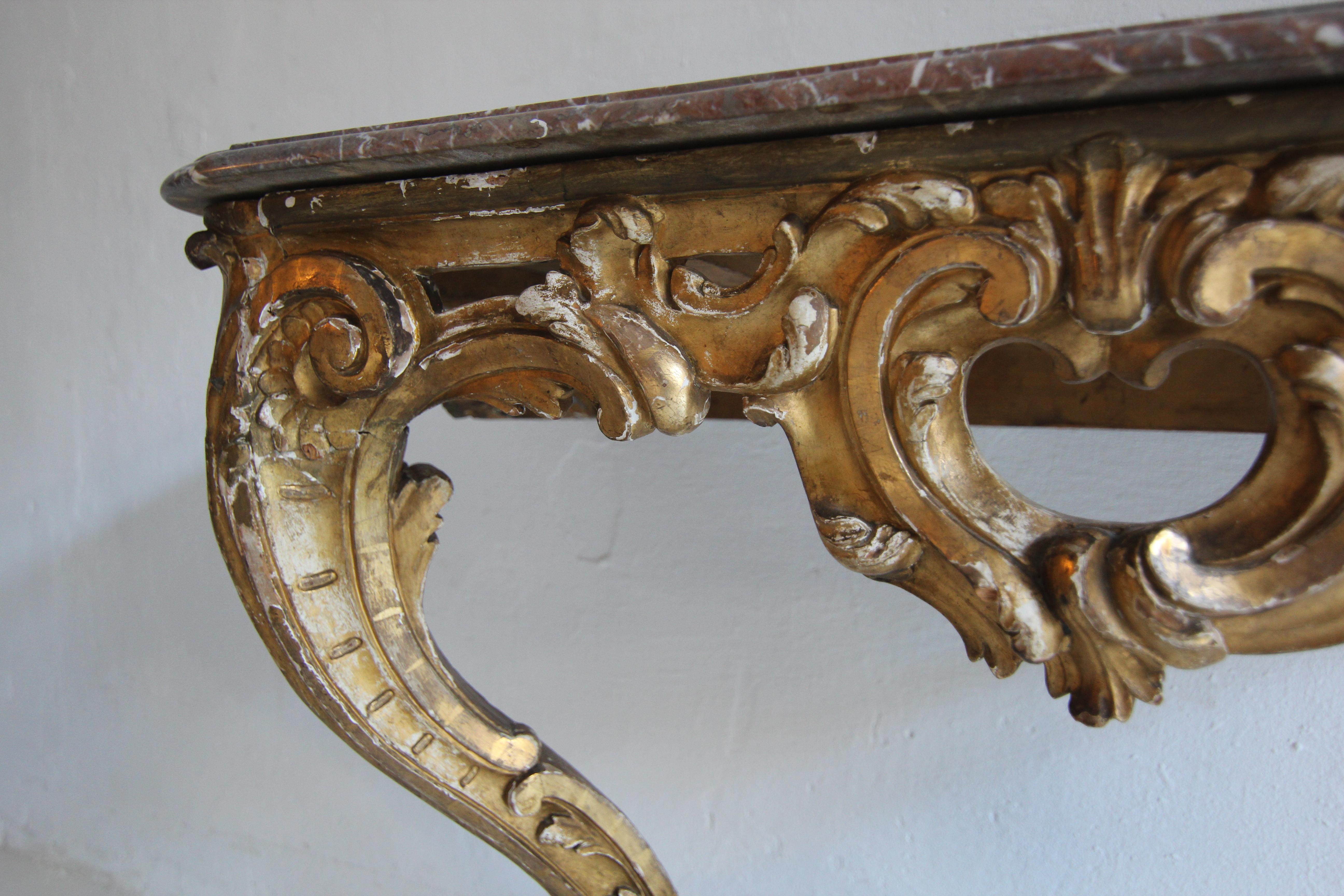 19th Century Louis XV Style Carved Giltwood Console Table with Marble Top For Sale 6