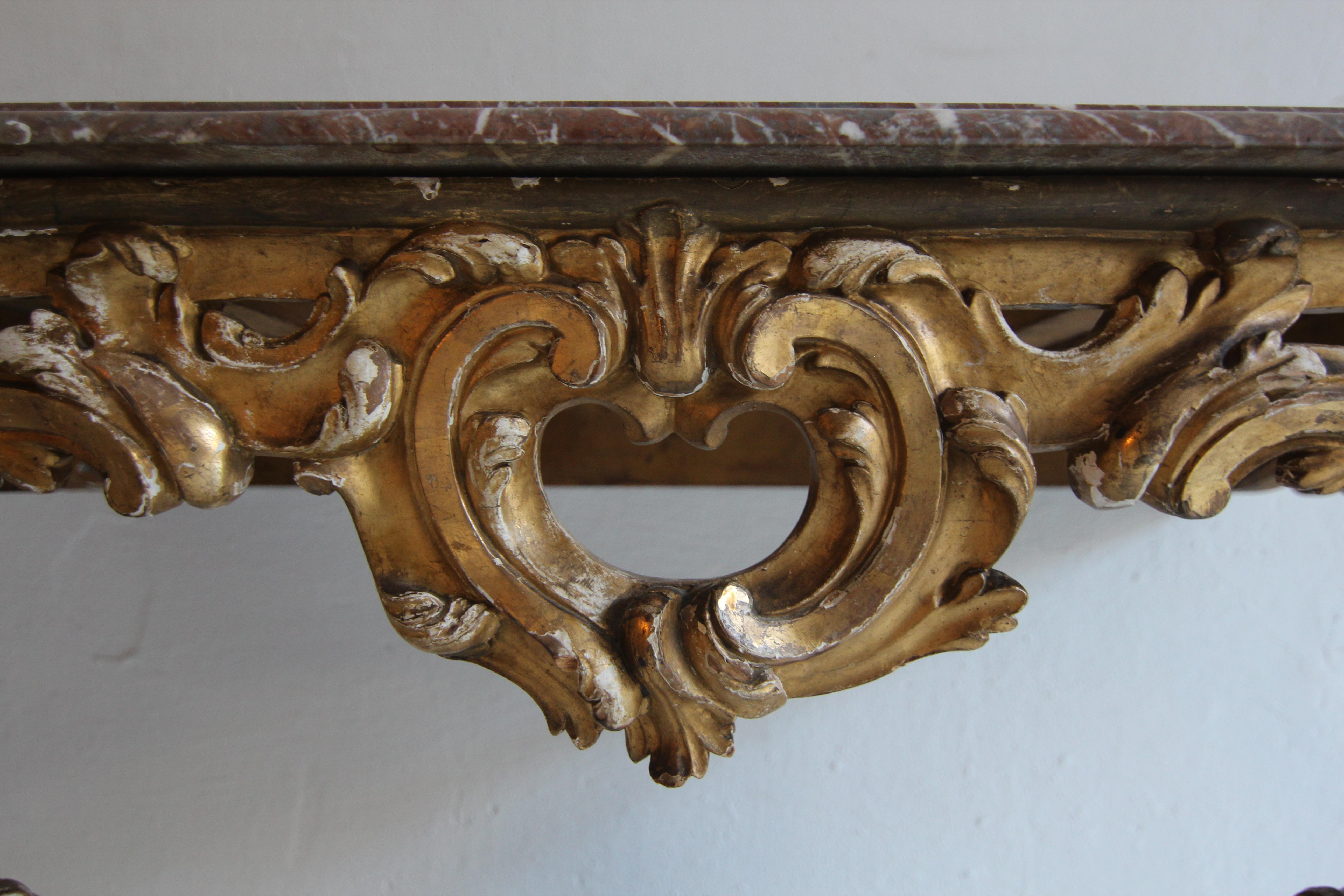 19th Century Louis XV Style Carved Giltwood Console Table with Marble Top For Sale 7
