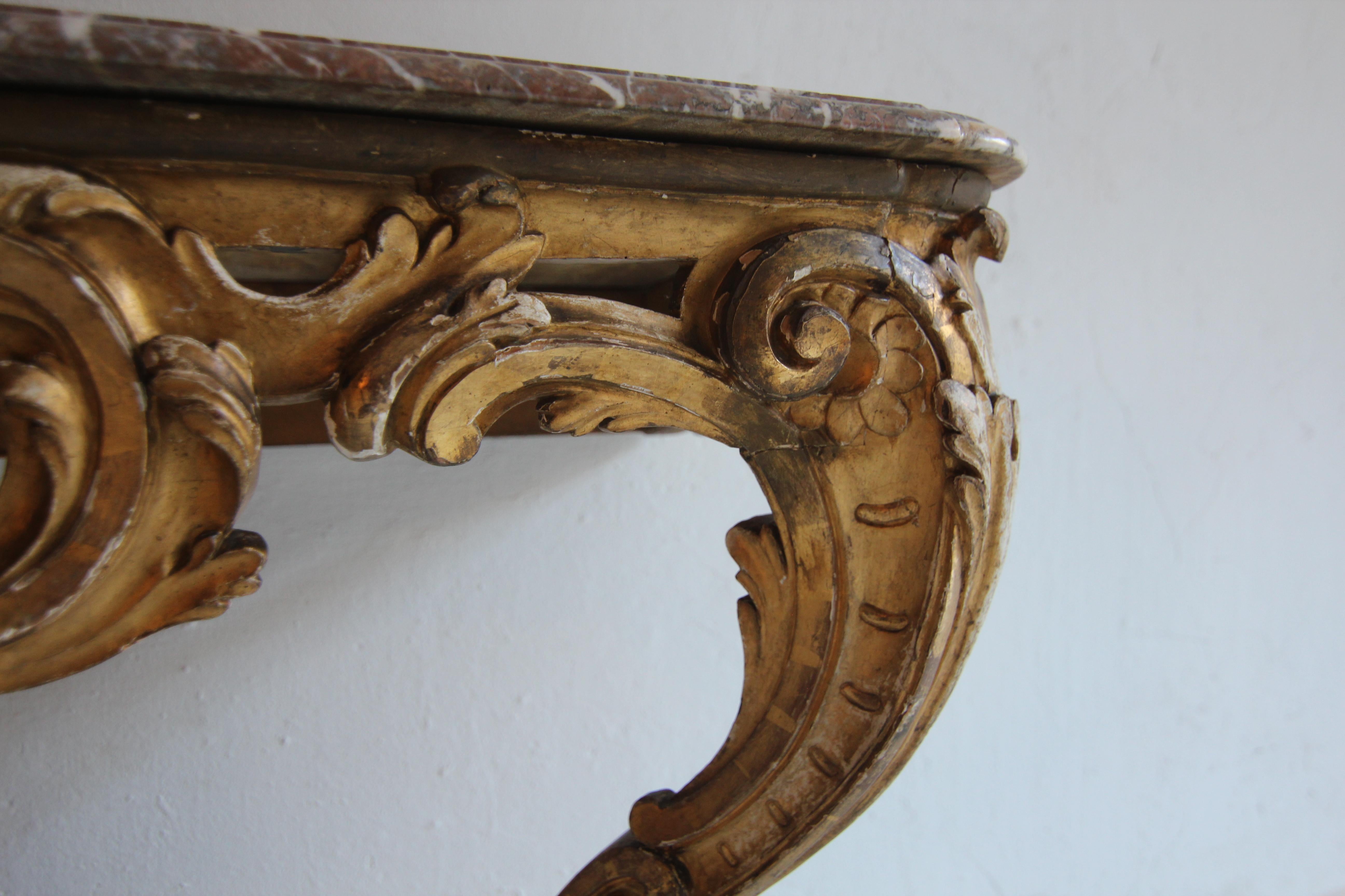 19th Century Louis XV Style Carved Giltwood Console Table with Marble Top For Sale 8