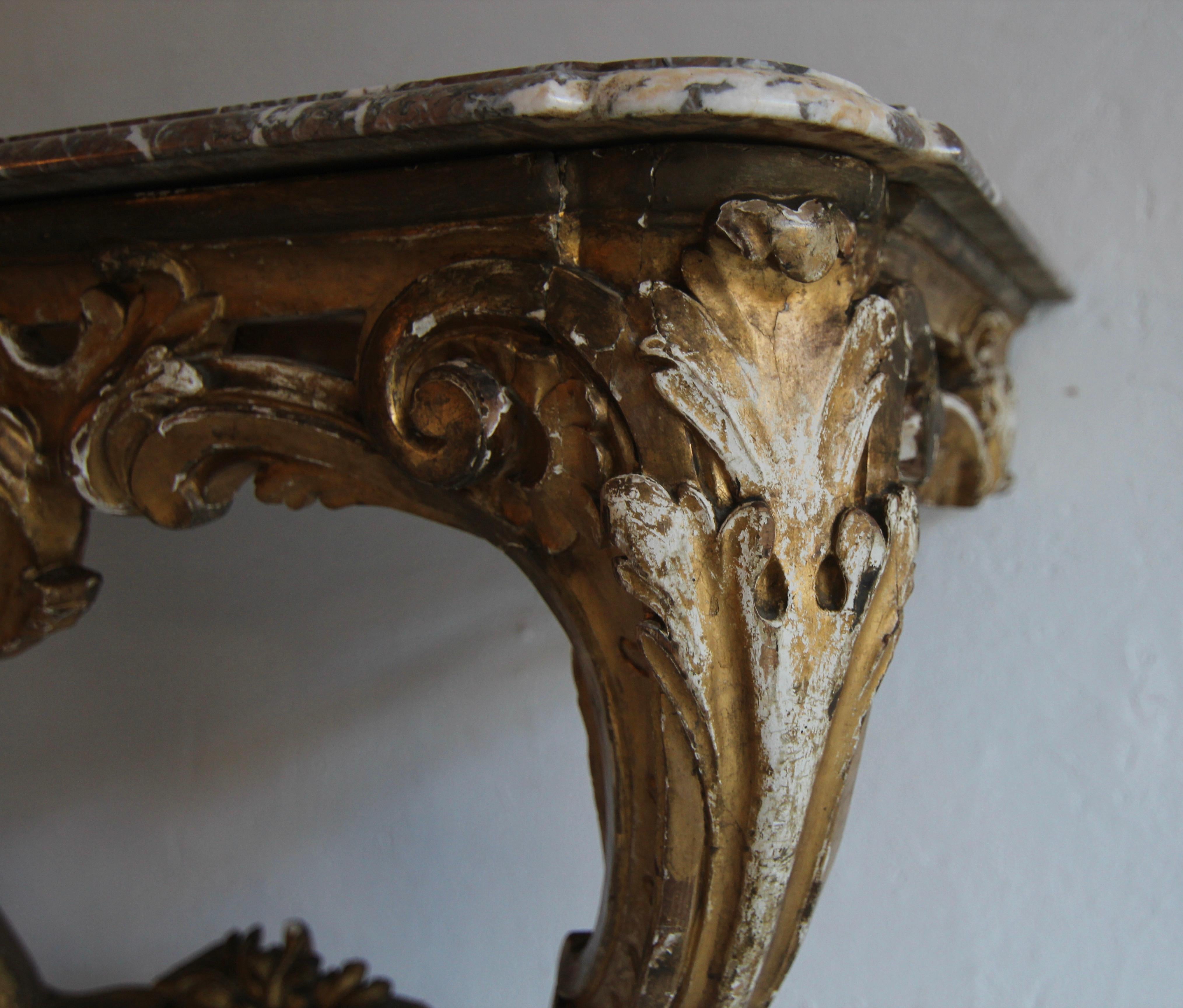 19th Century Louis XV Style Carved Giltwood Console Table with Marble Top For Sale 9