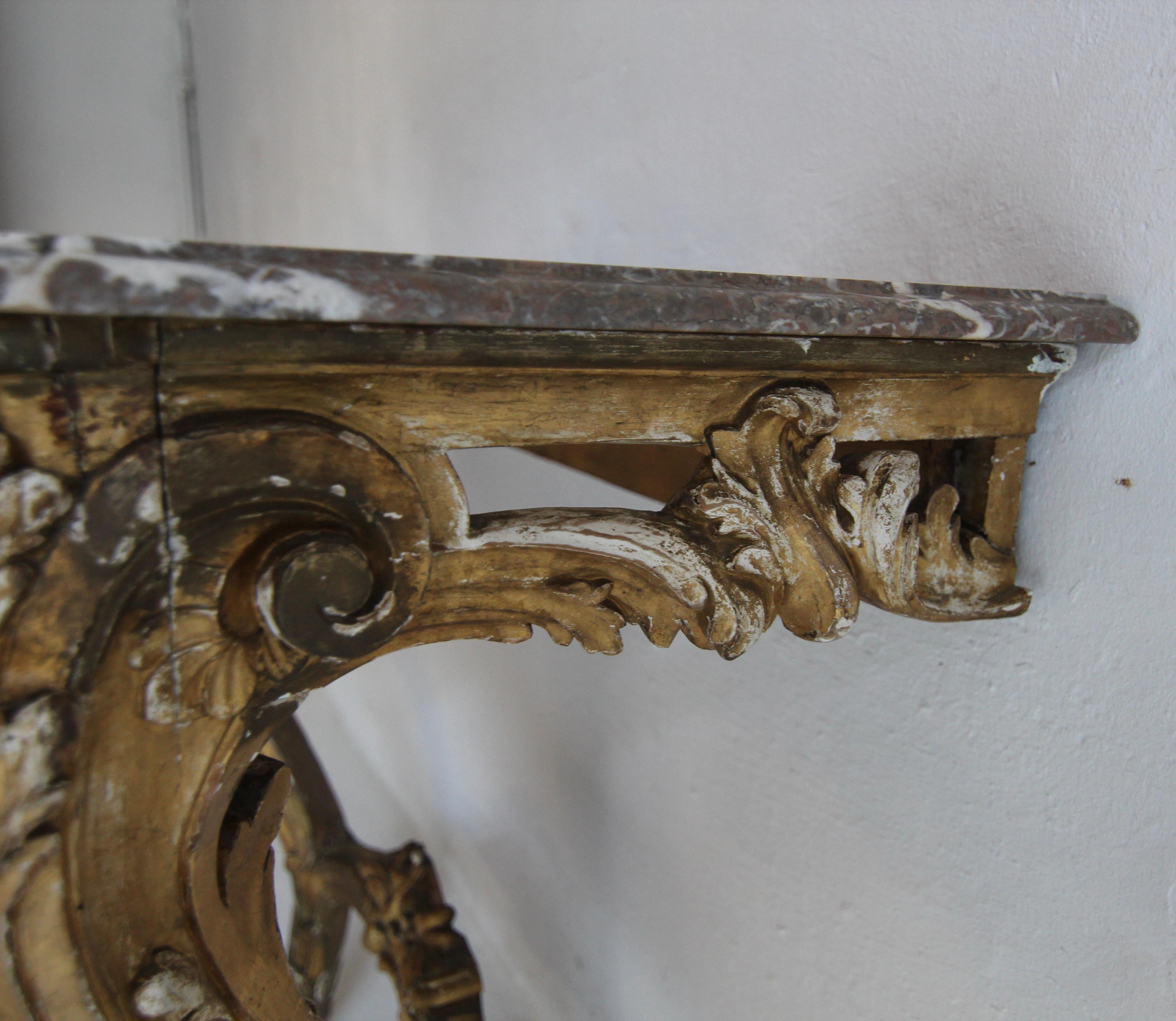 19th Century Louis XV Style Carved Giltwood Console Table with Marble Top For Sale 10