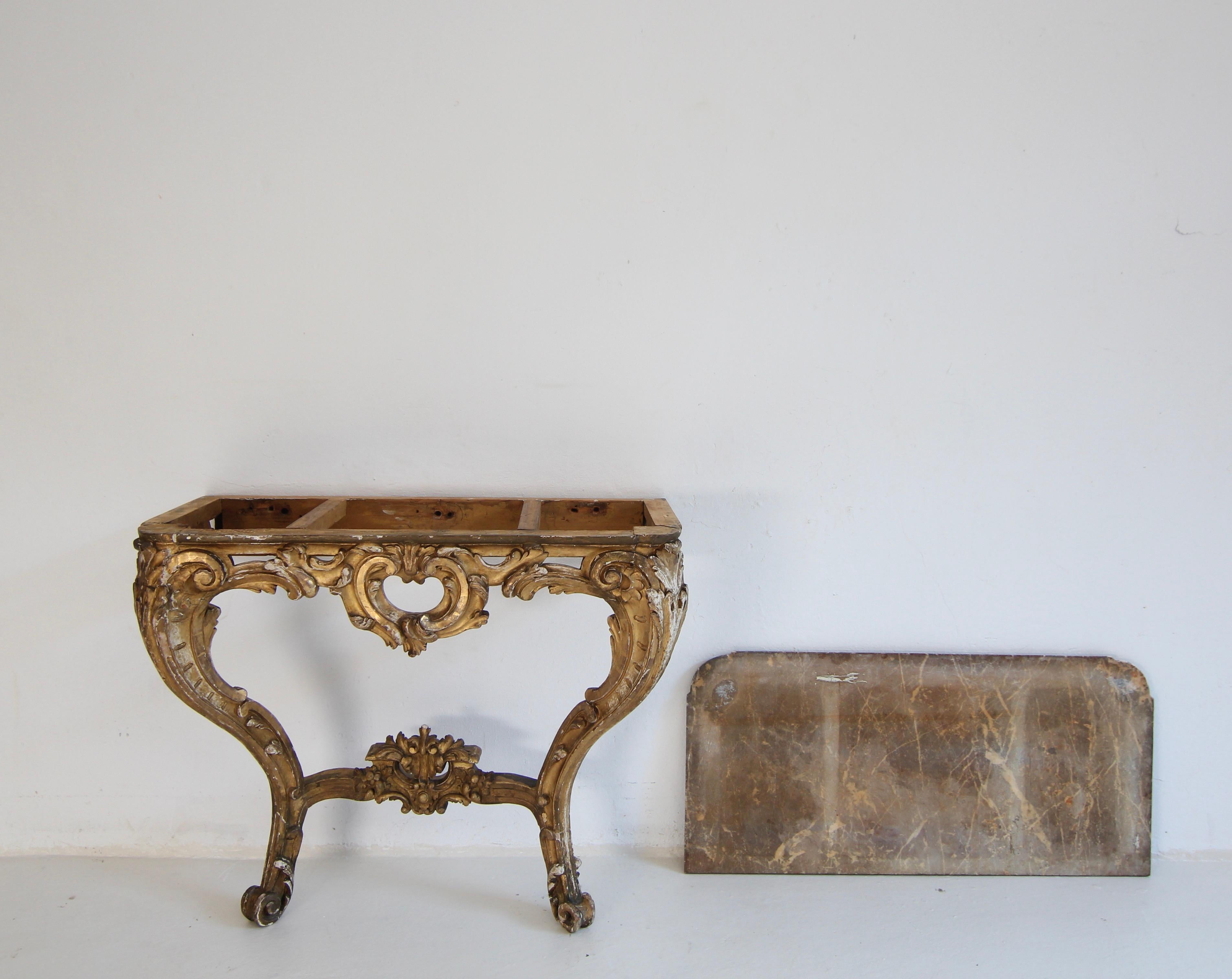 19th Century Louis XV Style Carved Giltwood Console Table with Marble Top For Sale 14