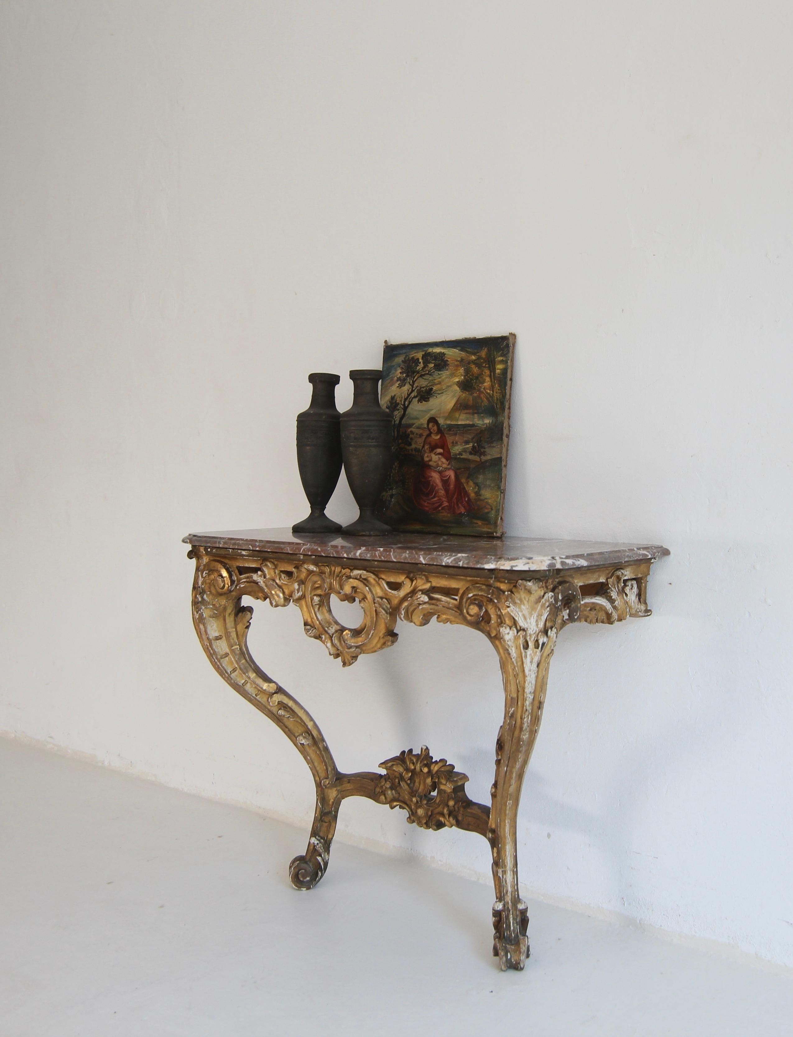 European 19th Century Louis XV Style Carved Giltwood Console Table with Marble Top For Sale