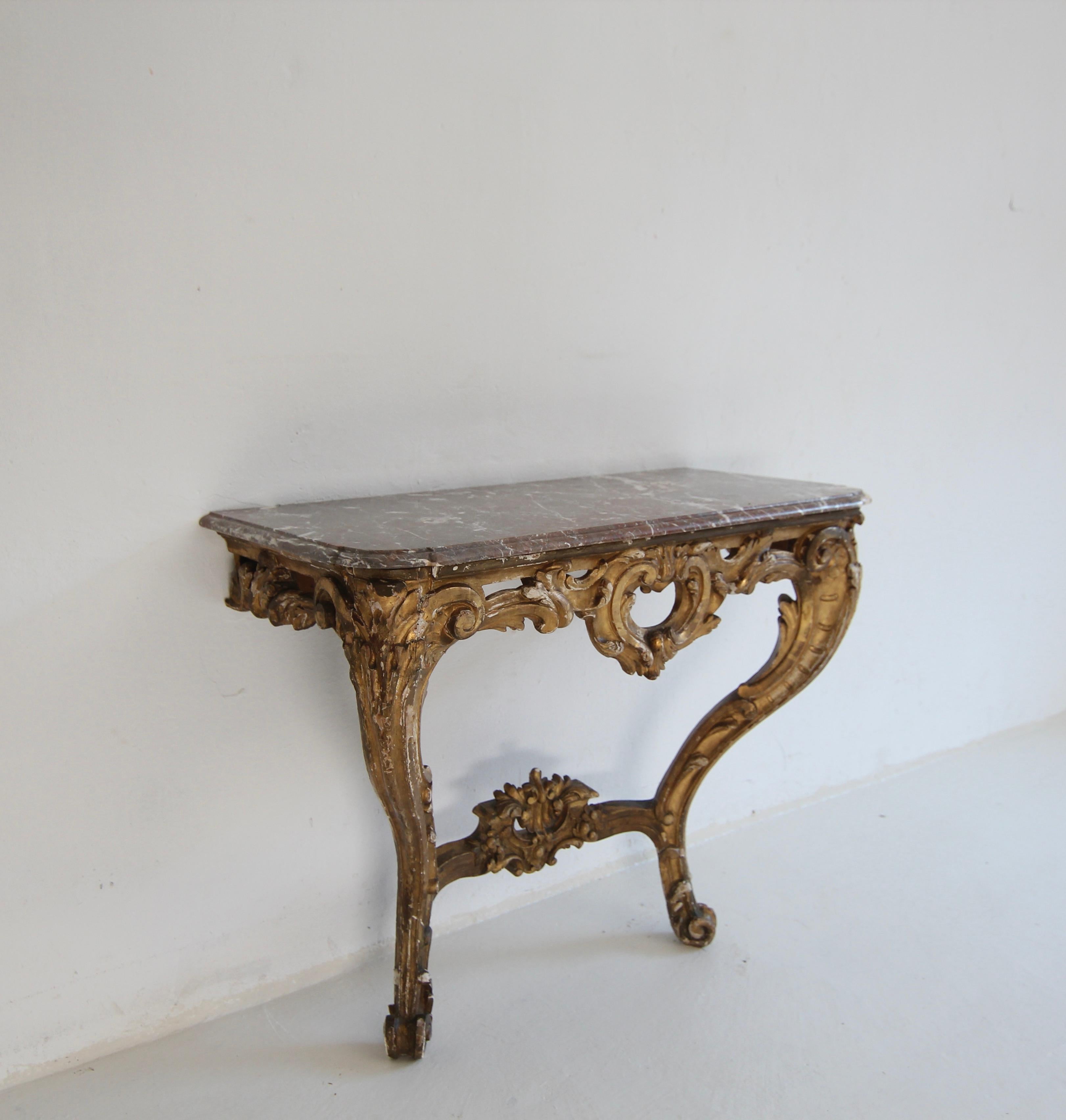 Gesso 19th Century Louis XV Style Carved Giltwood Console Table with Marble Top For Sale