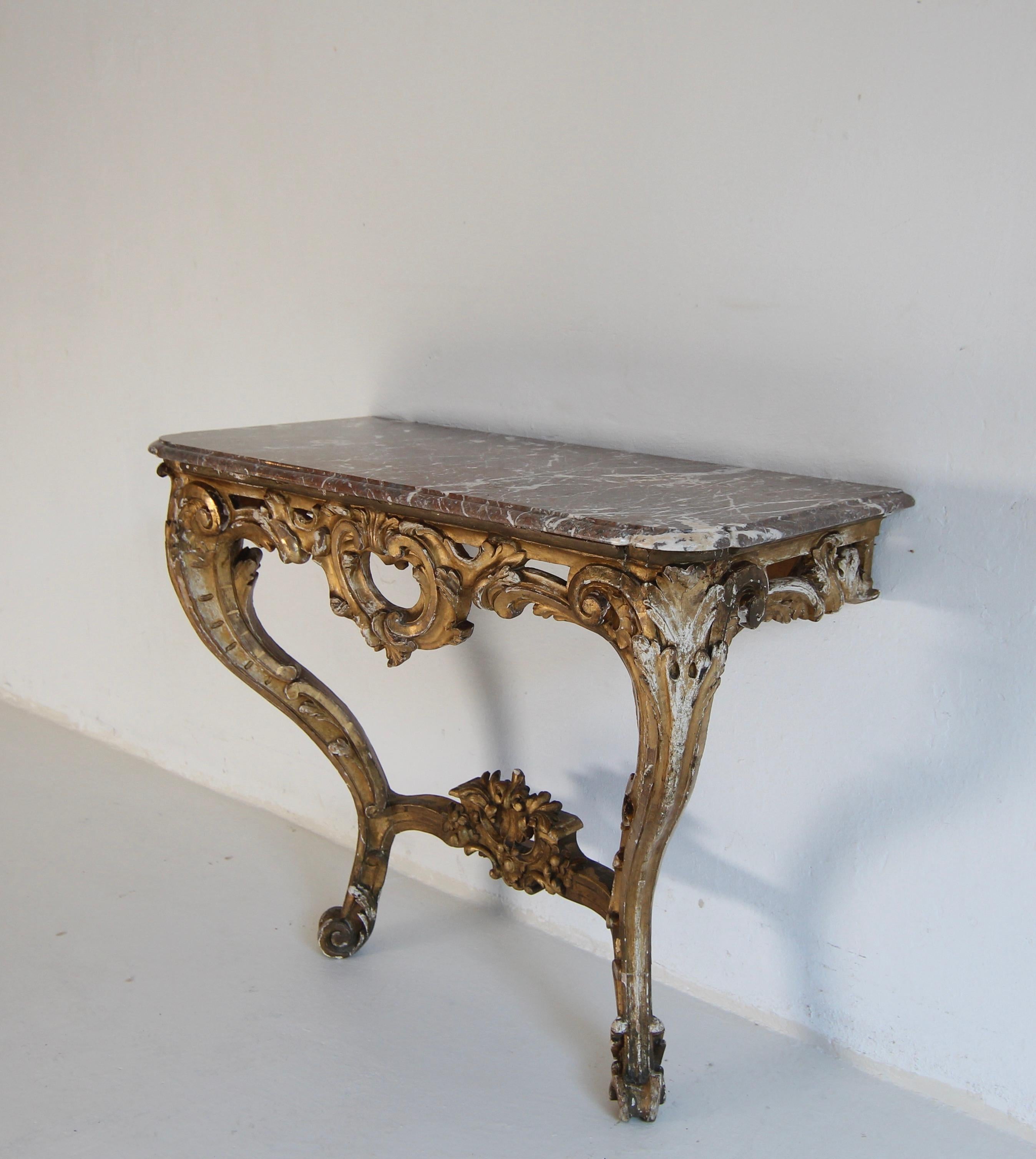 19th Century Louis XV Style Carved Giltwood Console Table with Marble Top For Sale 1