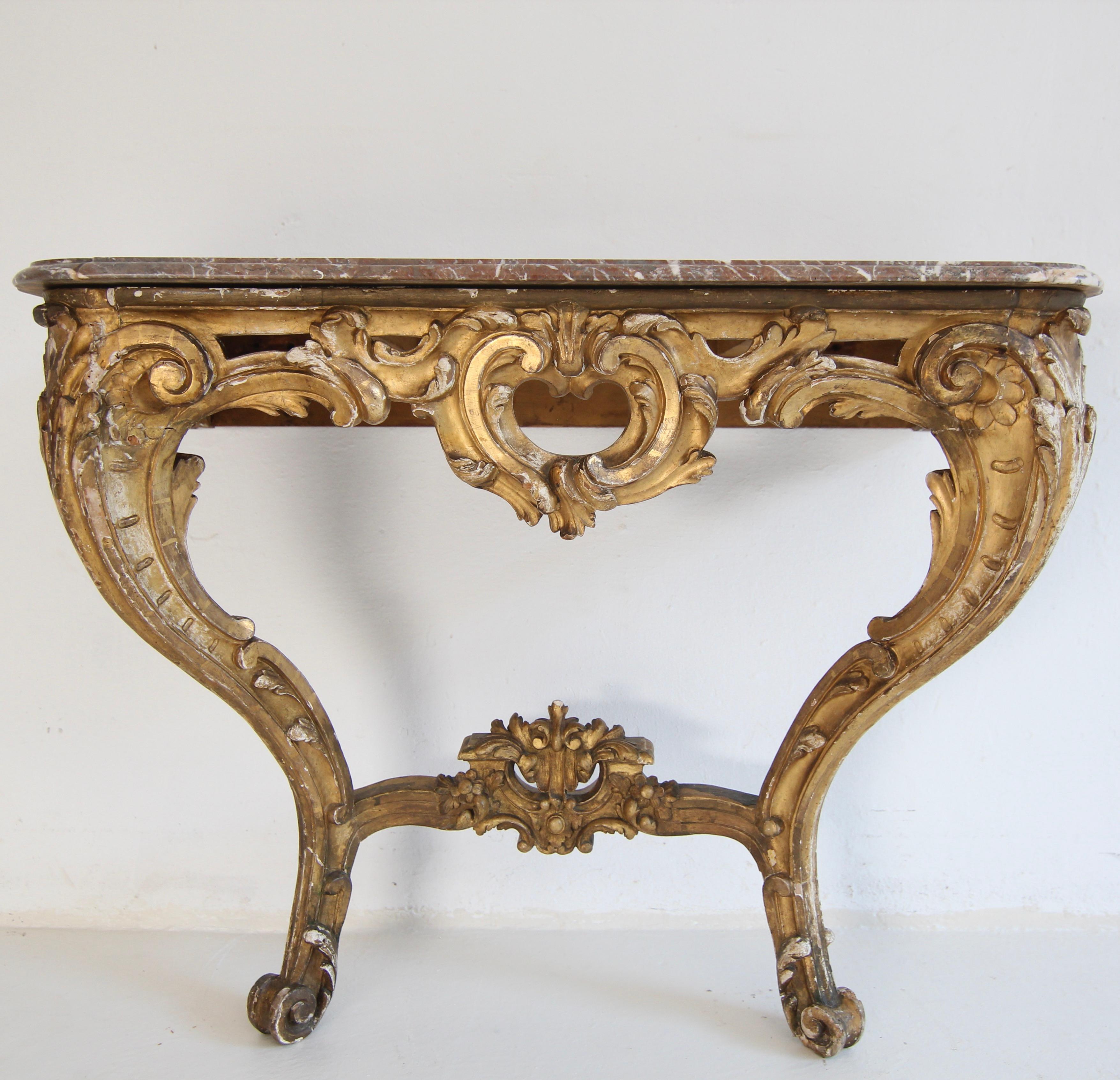 19th Century Louis XV Style Carved Giltwood Console Table with Marble Top For Sale 4