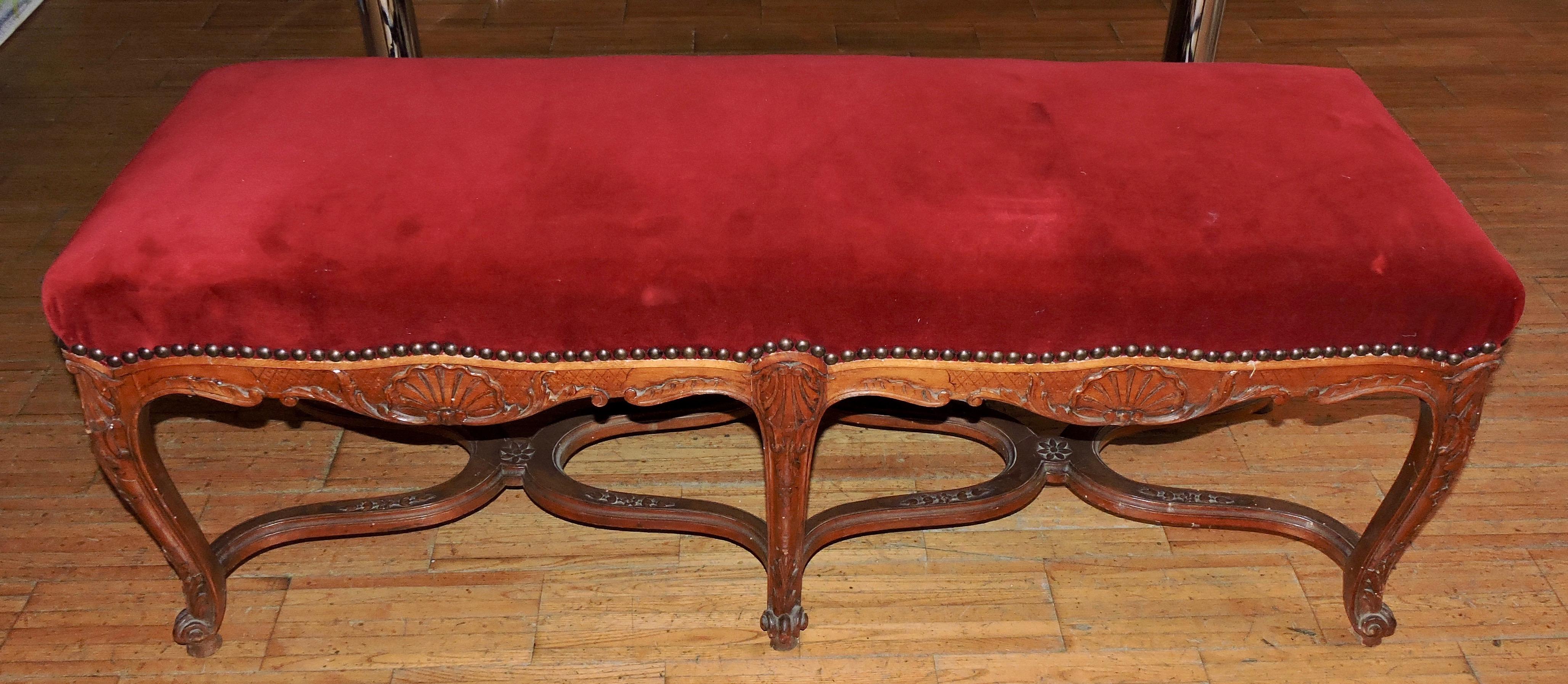 French 19th Century Louis XV Style Carved Wood Large Stool Banquette