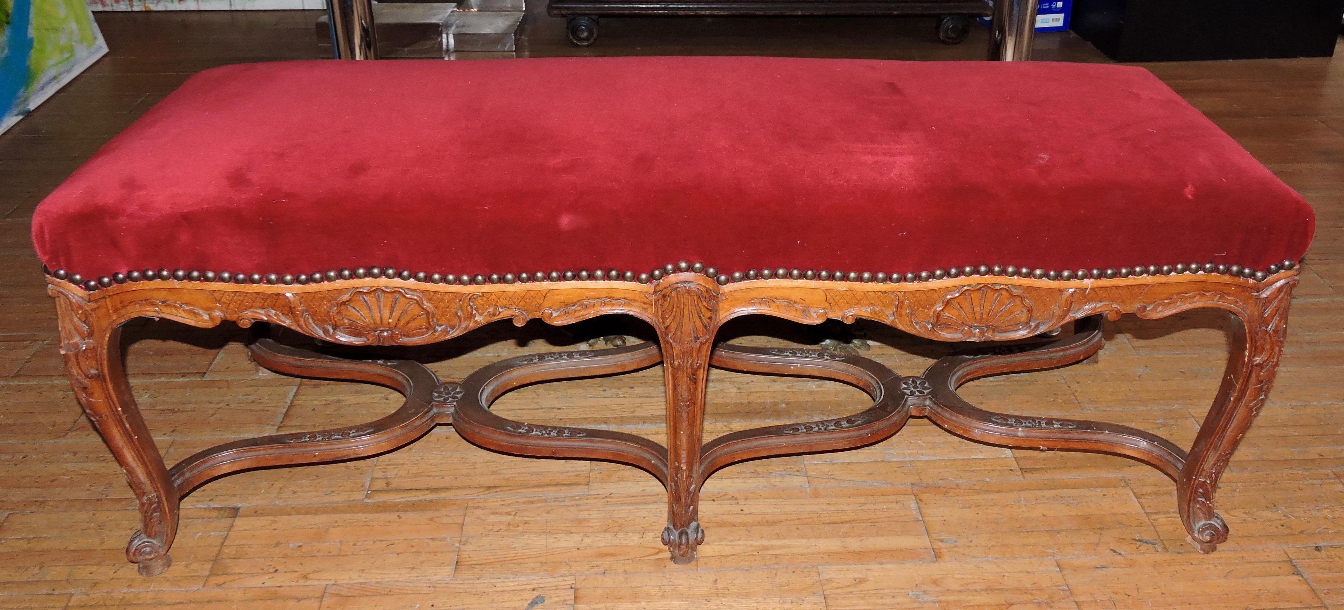 19th Century Louis XV Style Carved Wood Large Stool Banquette 2