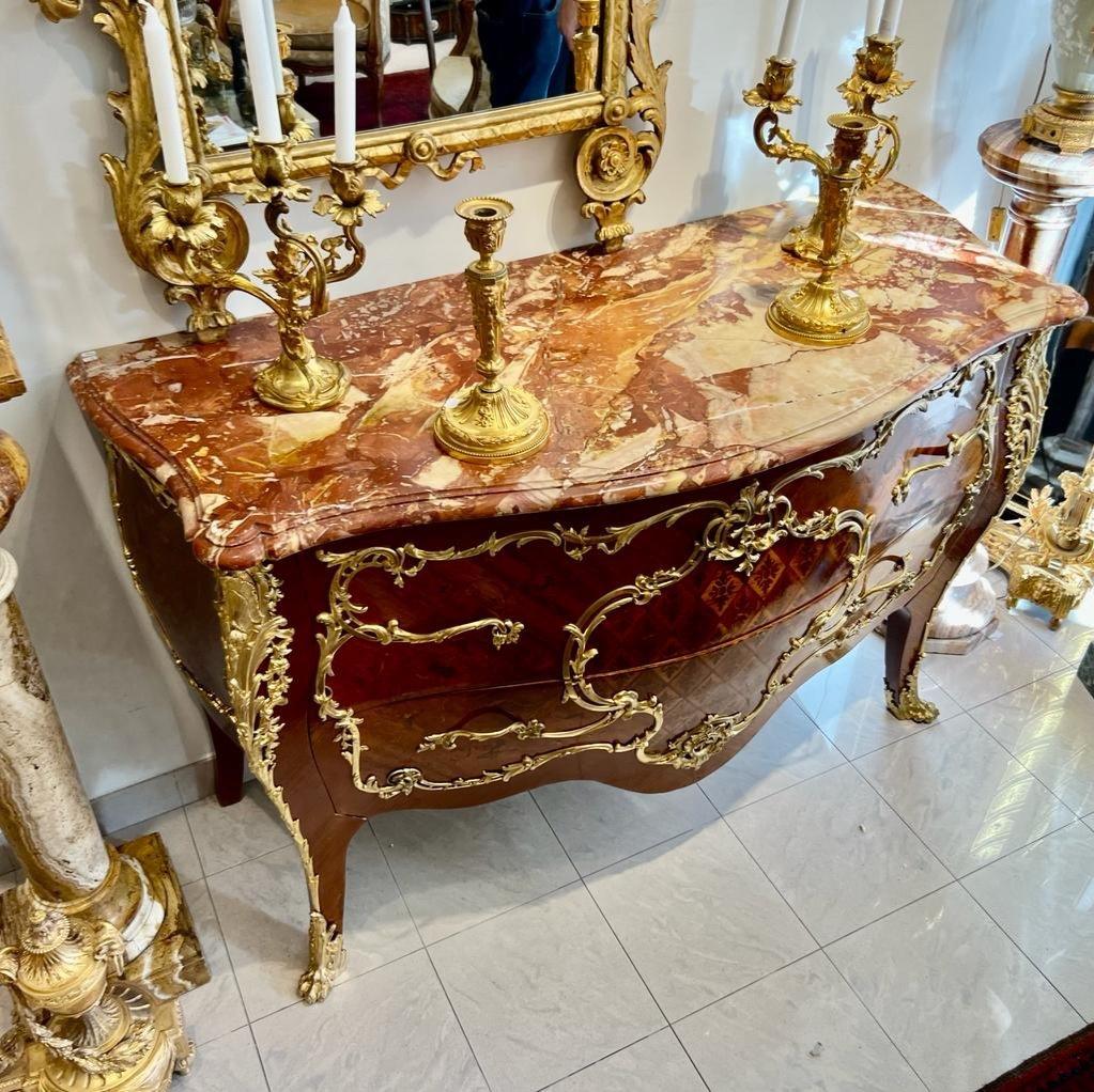 Bronze 19th Century Louis XV Style Commode in Flower Marquetry  For Sale