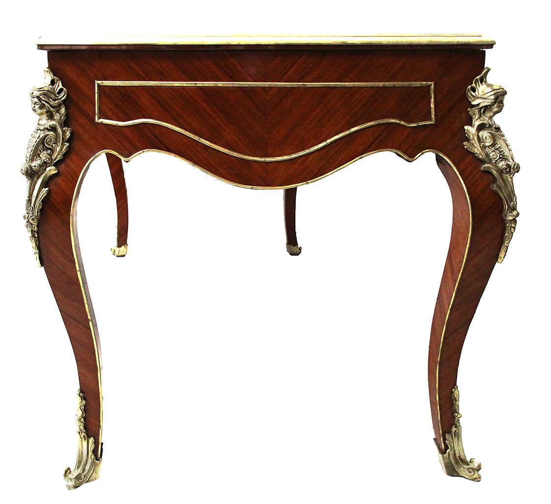 Marquetry 19th Century Louis XV Style Desk with Bronze Mold and Figures For Sale