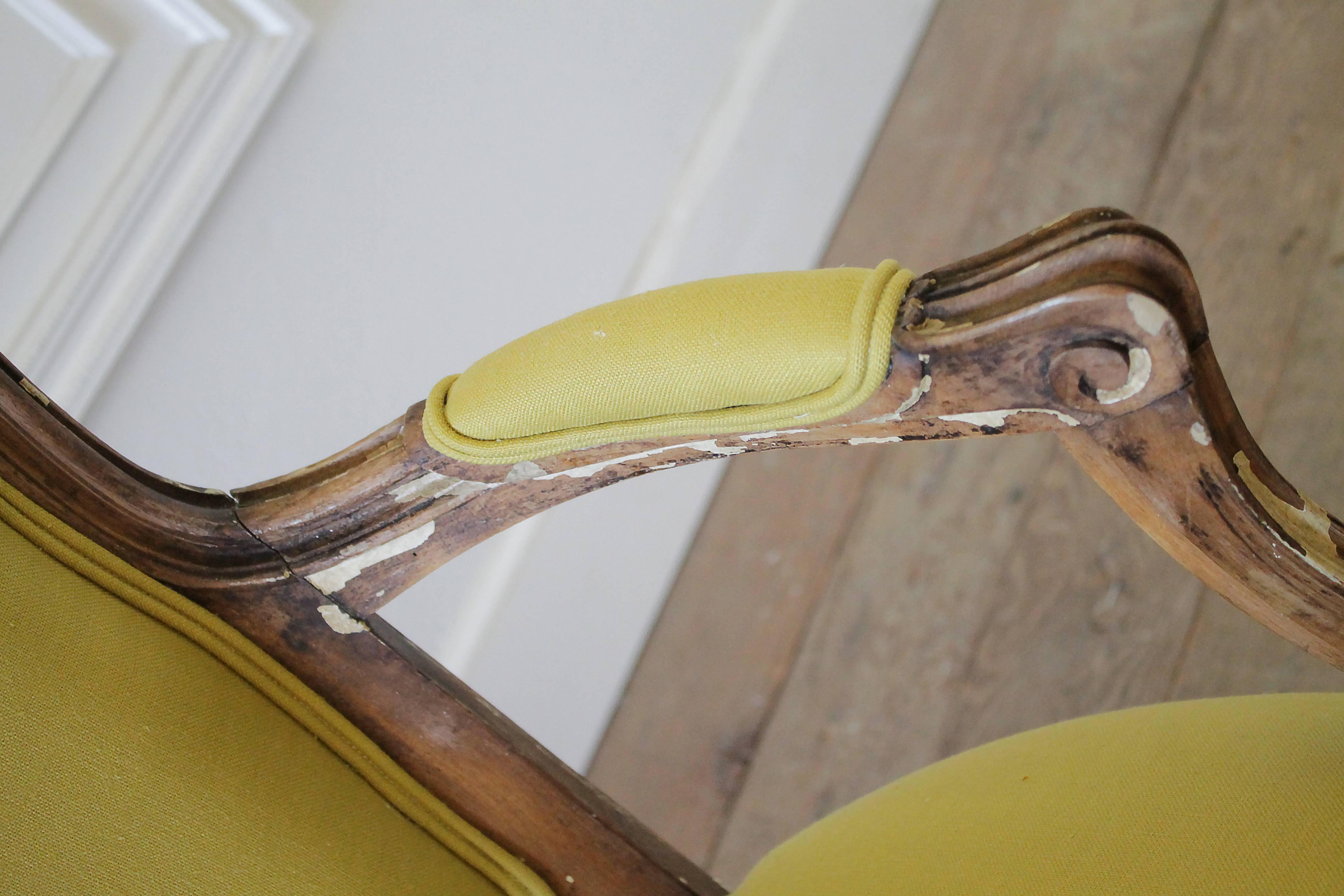 Hand-Carved 19th Century Louis XV Style Fauteuil in Chartreuse Linen
