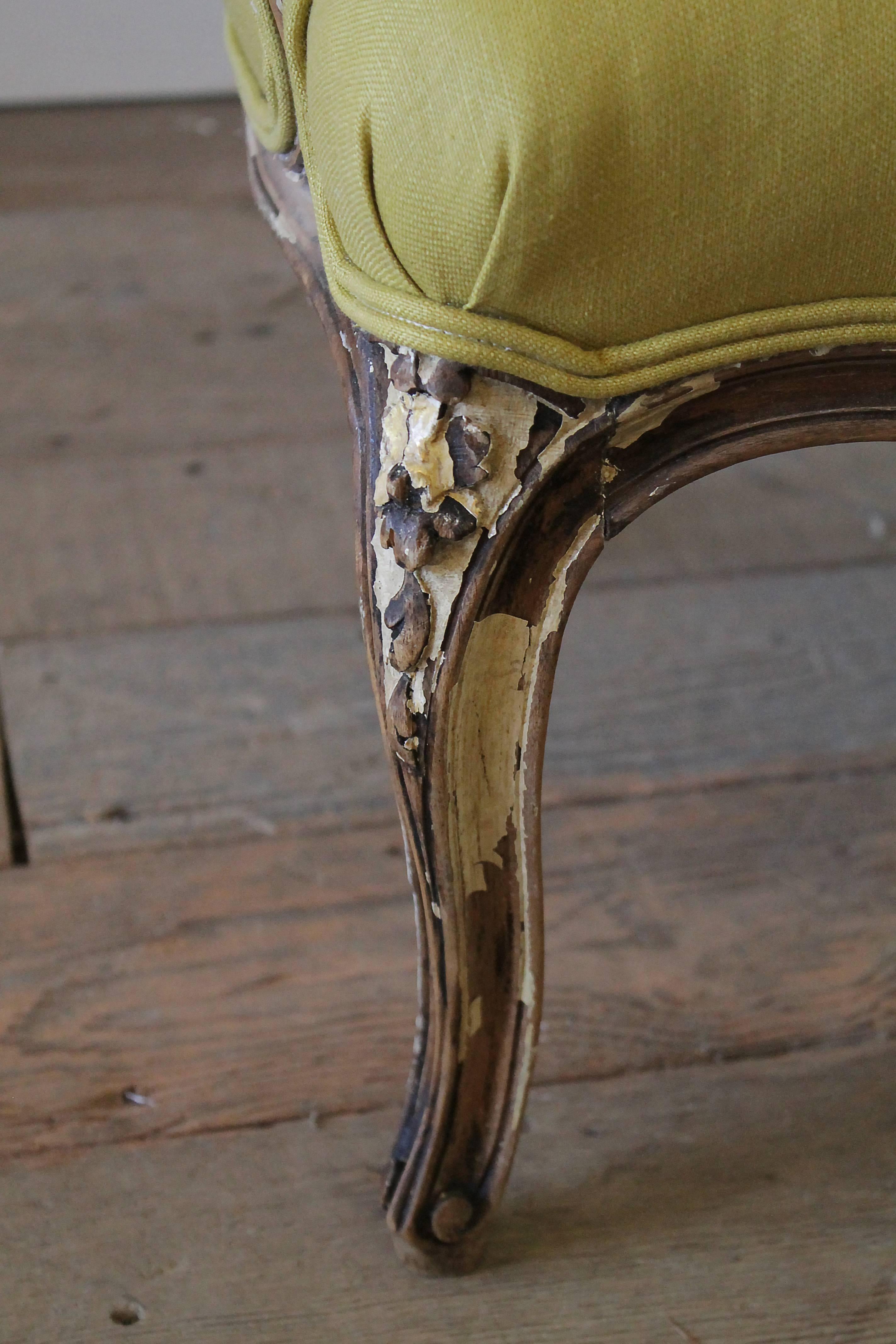 19th Century Louis XV Style Fauteuil in Chartreuse Linen In Good Condition In Brea, CA