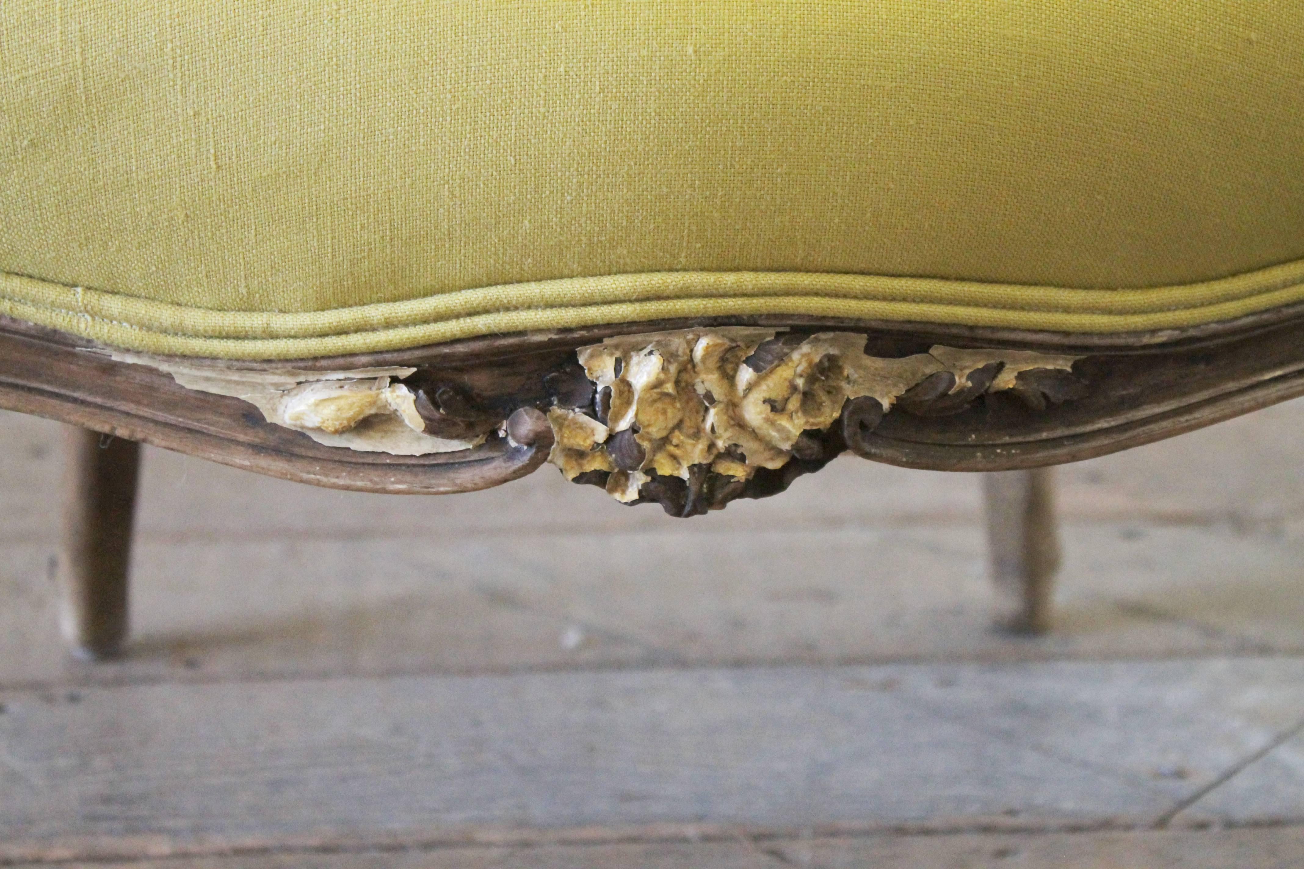 Wood 19th Century Louis XV Style Fauteuil in Chartreuse Linen