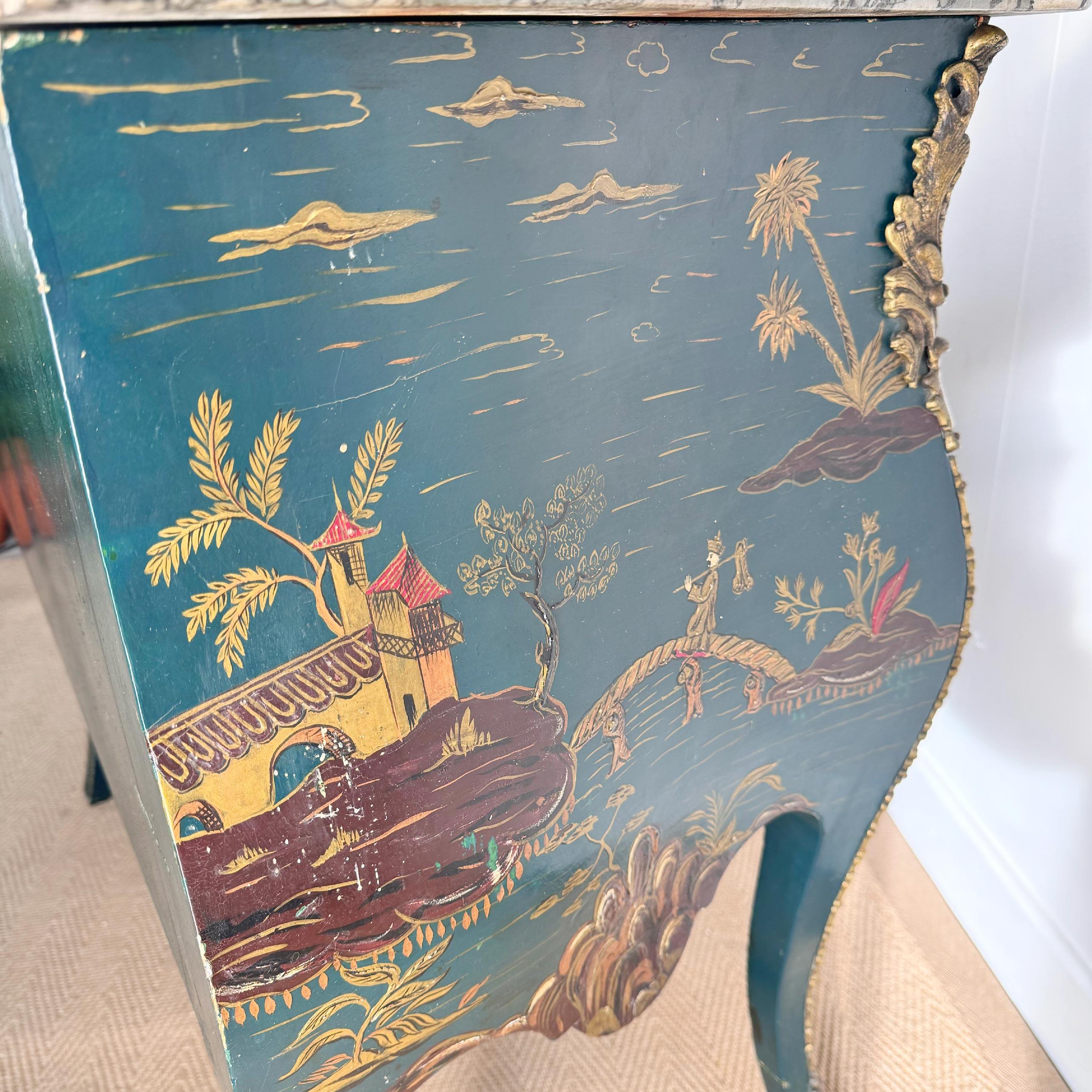 19th Century Louis XV Style French Dark Ocean Blue Chinoiserie Commode For Sale 5