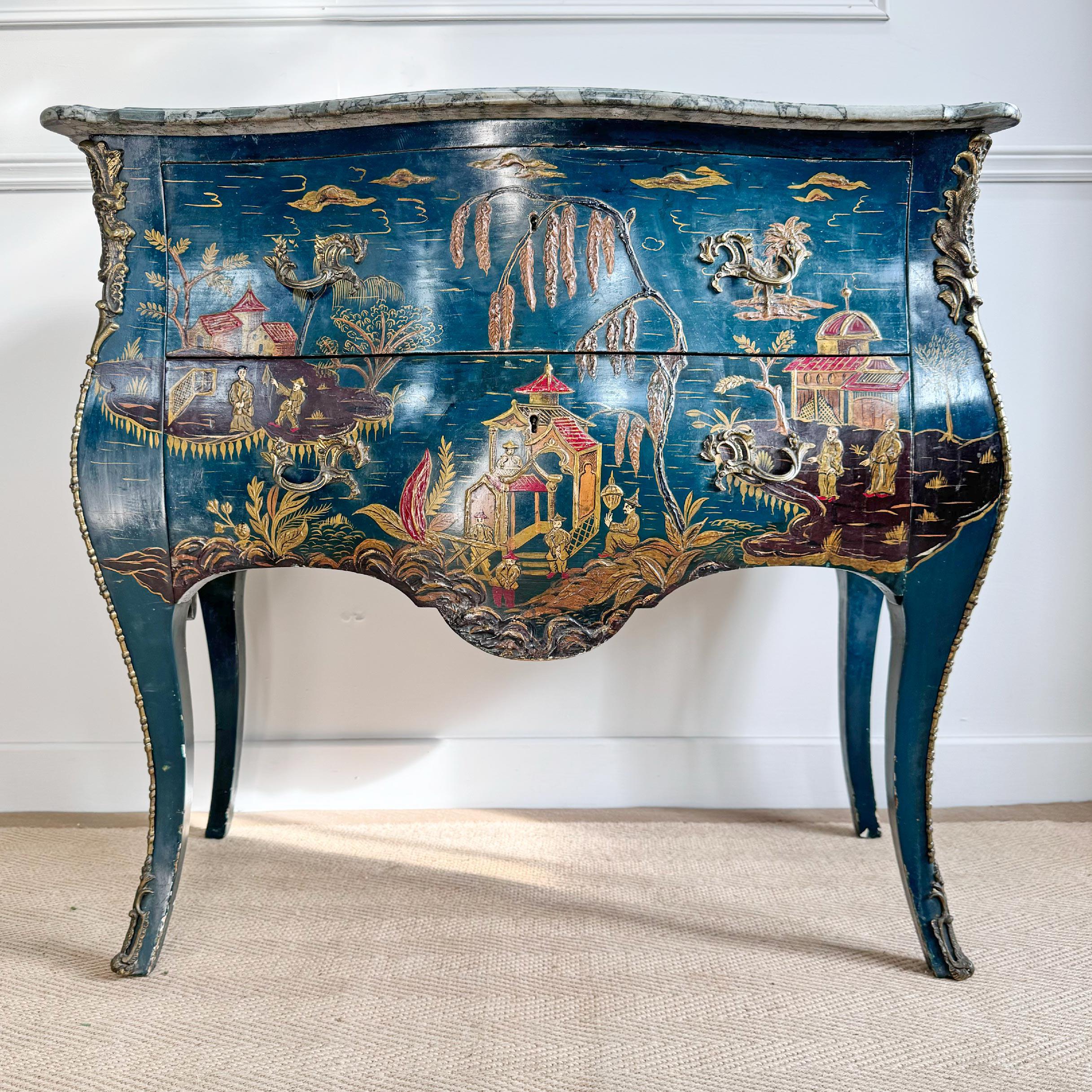 19th Century Louis XV Style French Dark Ocean Blue Chinoiserie Commode For Sale 6