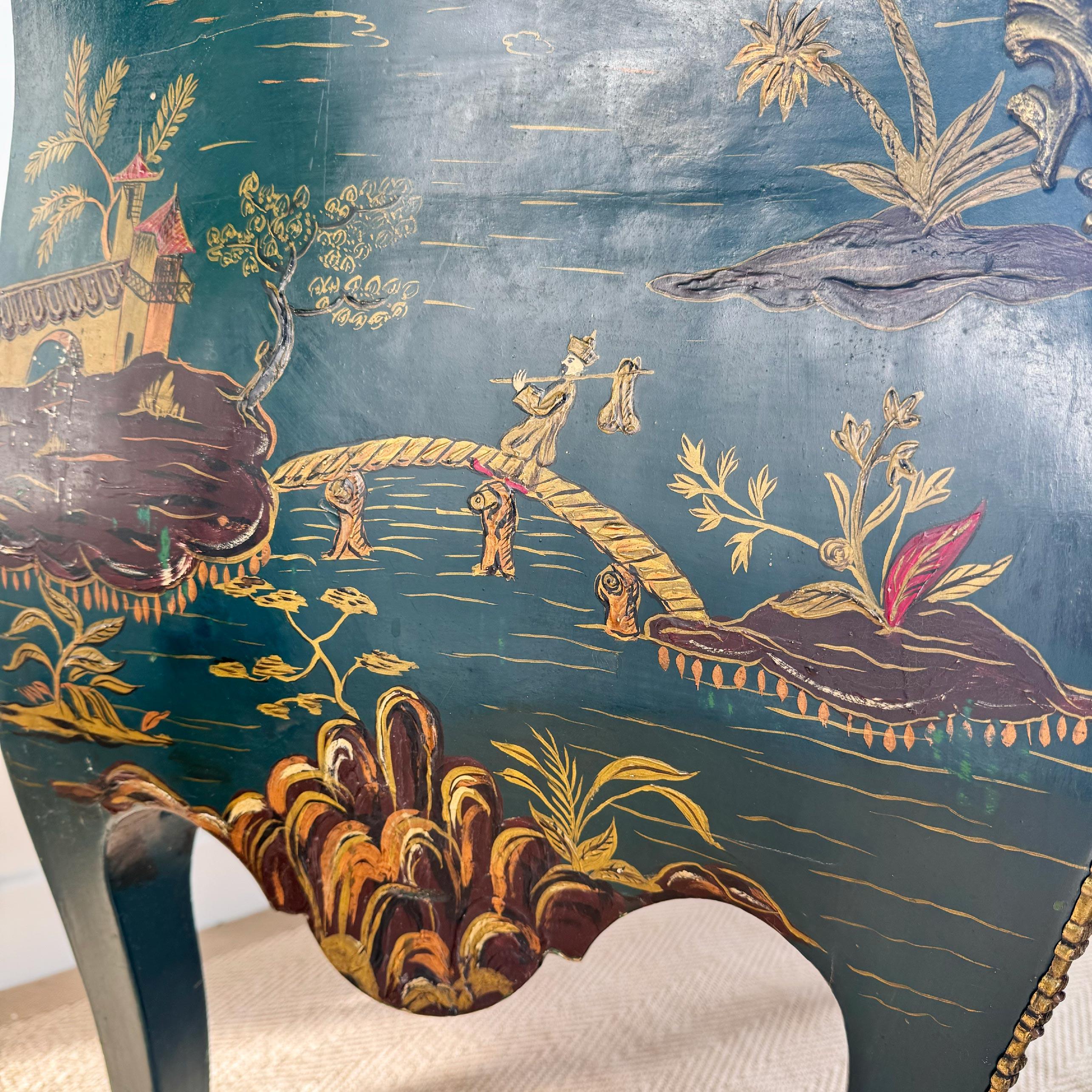 19th Century Louis XV Style French Dark Ocean Blue Chinoiserie Commode For Sale 7