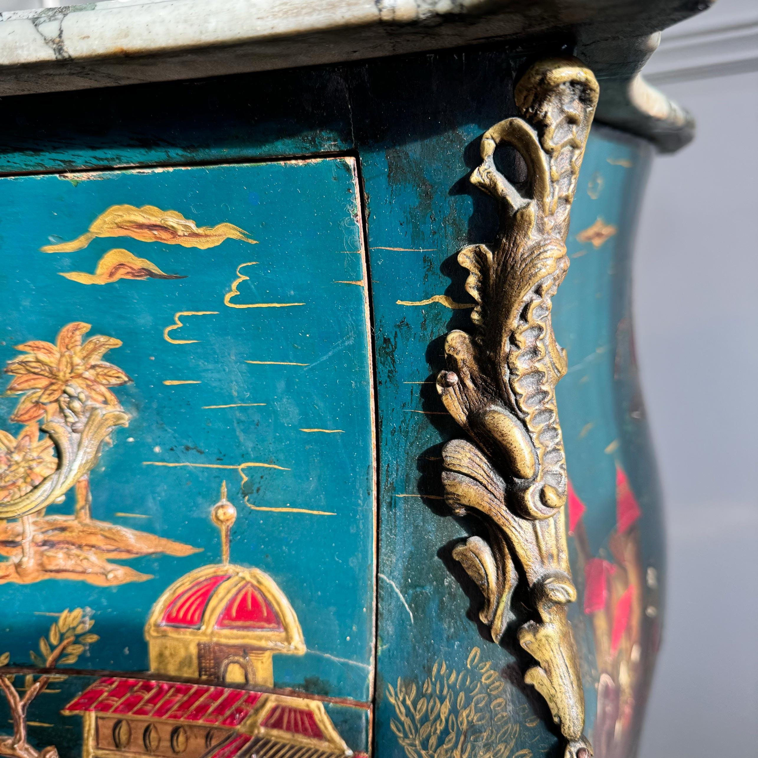 19th Century Louis XV Style French Dark Ocean Blue Chinoiserie Commode For Sale 8