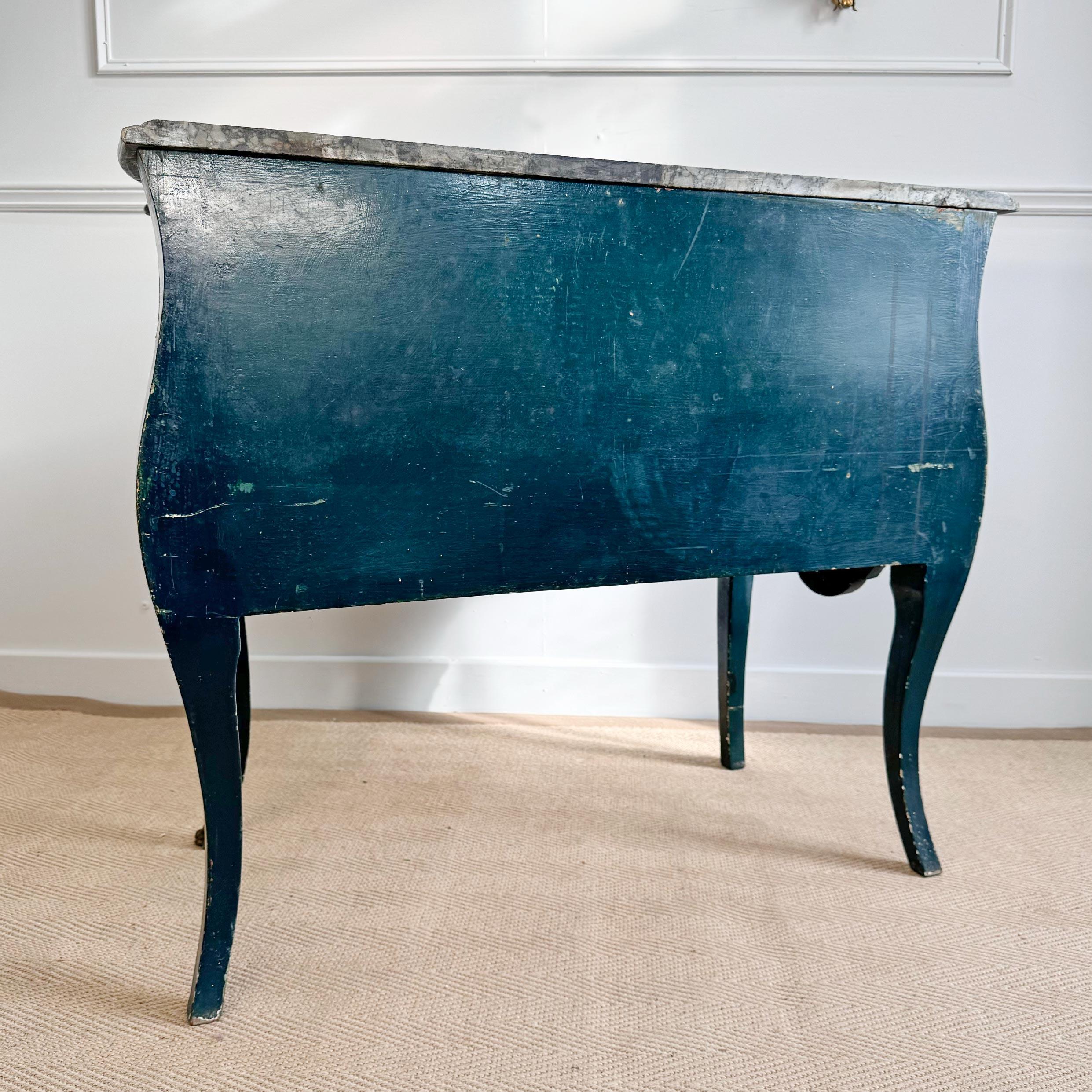 19th Century Louis XV Style French Dark Ocean Blue Chinoiserie Commode For Sale 11
